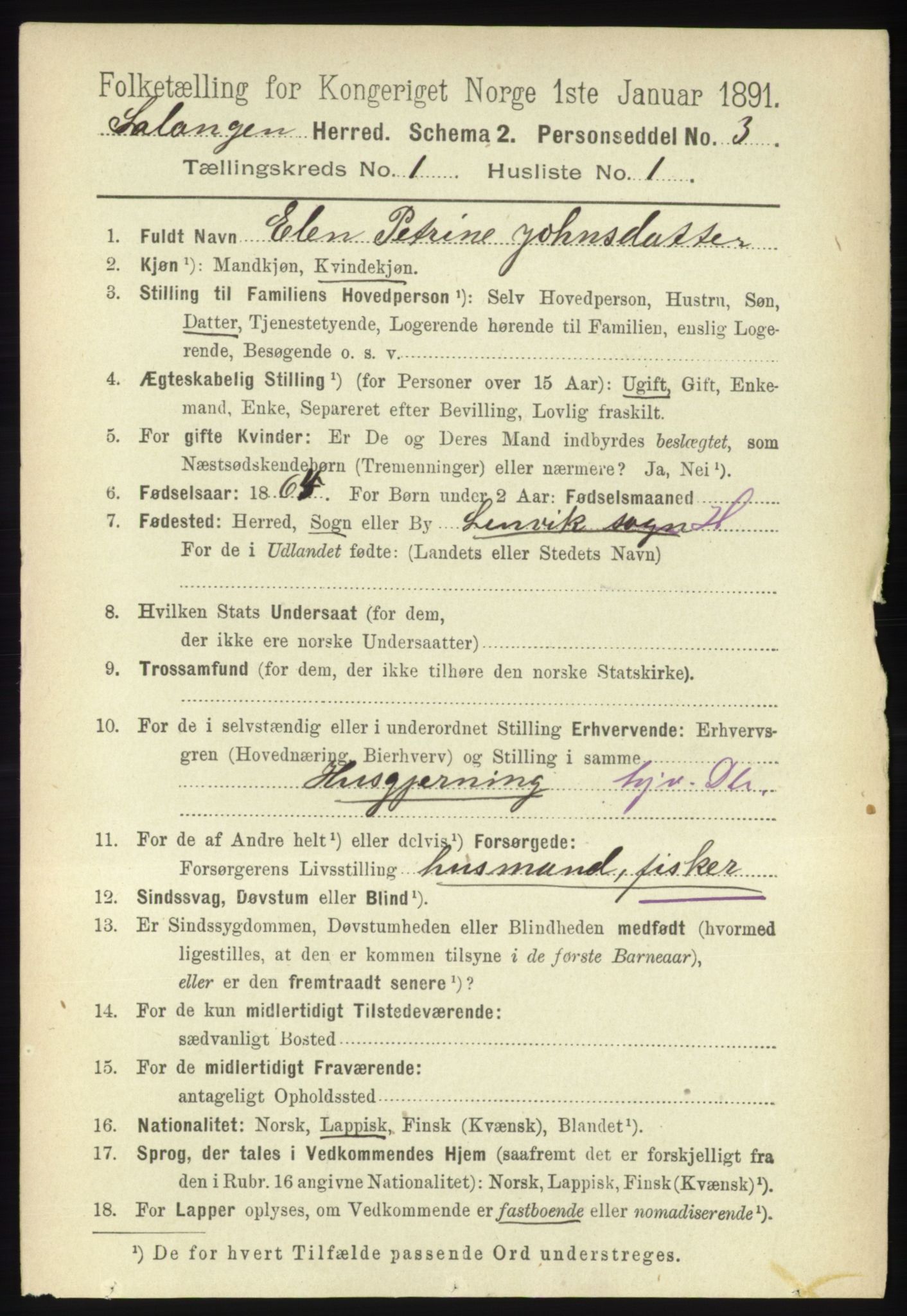 RA, 1891 census for 1921 Salangen, 1891, p. 72