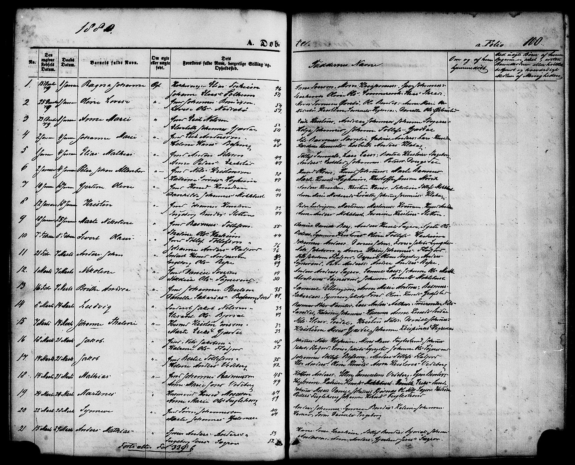 Jølster sokneprestembete, AV/SAB-A-80701/H/Haa/Haaa/L0011: Parish register (official) no. A 11, 1866-1881, p. 100