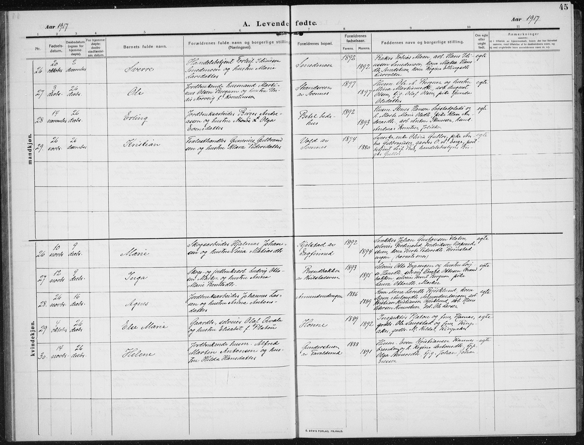 Biri prestekontor, SAH/PREST-096/H/Ha/Hab/L0006: Parish register (copy) no. 6, 1909-1938, p. 45