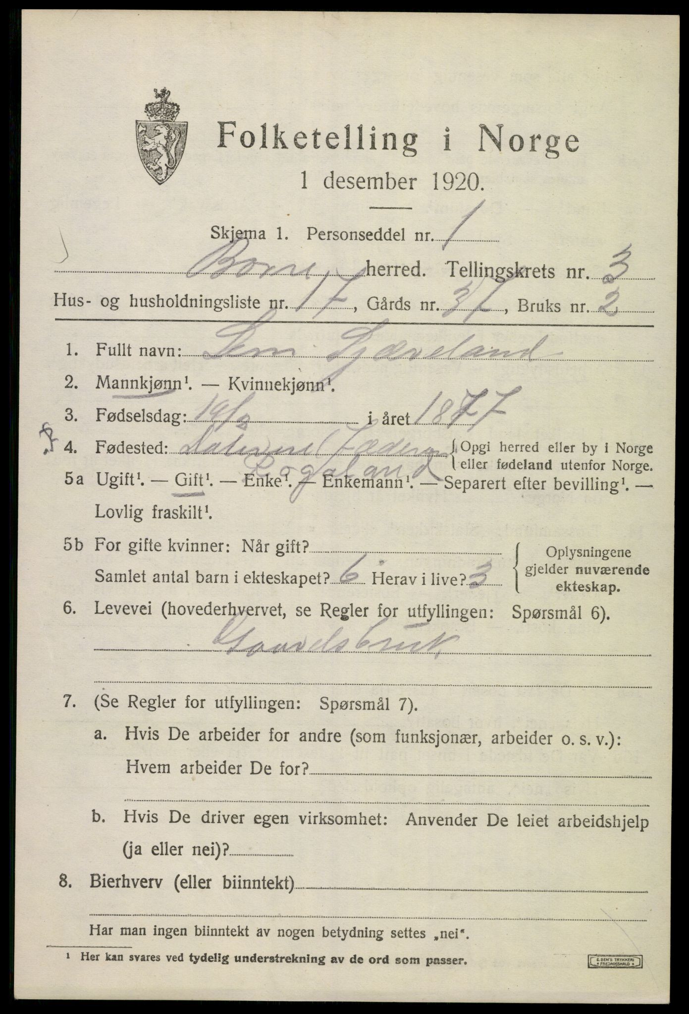 SAKO, 1920 census for Borre, 1920, p. 6218