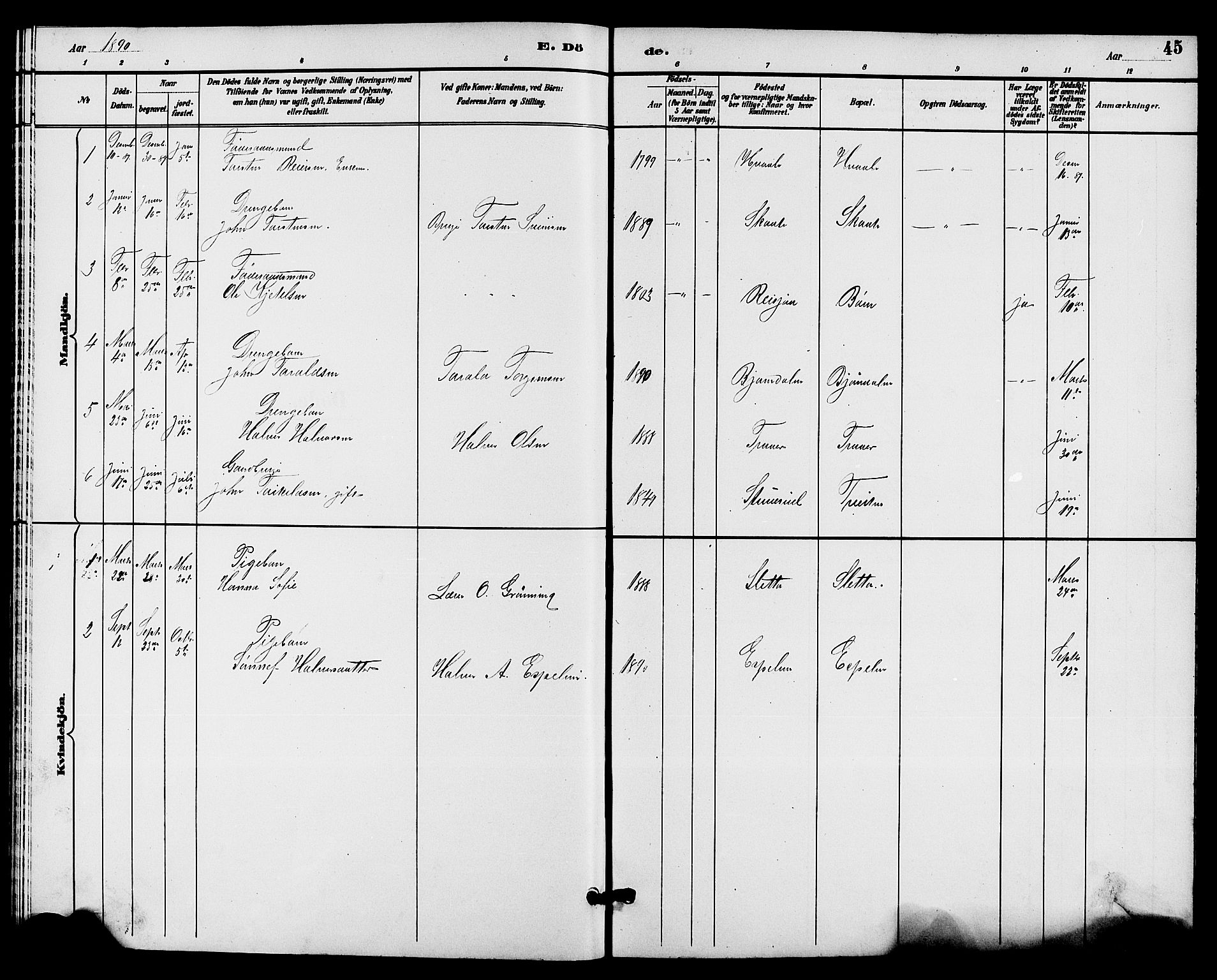 Hjartdal kirkebøker, SAKO/A-270/G/Gc/L0003: Parish register (copy) no. III 3, 1890-1907, p. 45
