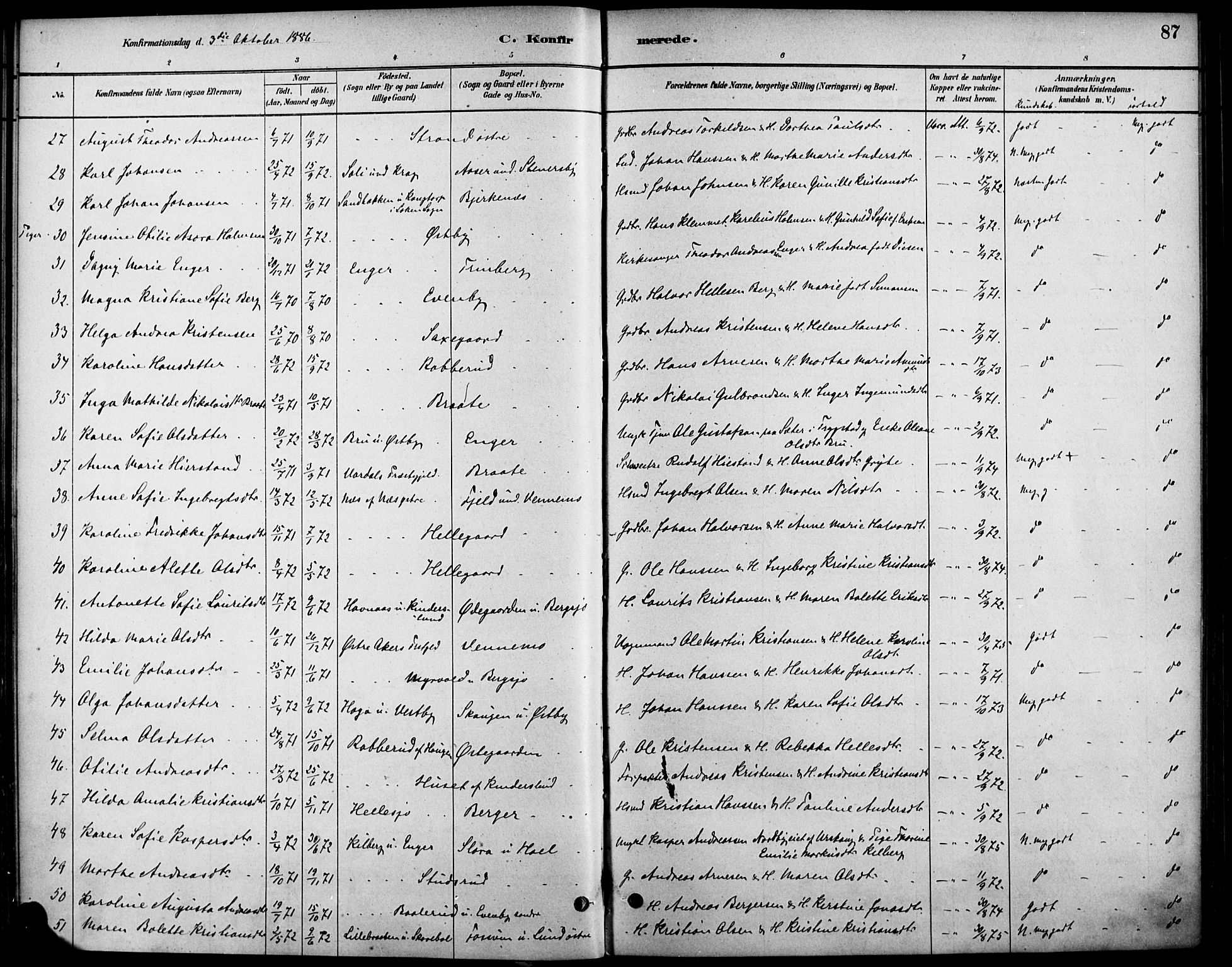Høland prestekontor Kirkebøker, SAO/A-10346a/F/Fb/L0001: Parish register (official) no. II 1, 1880-1897, p. 87