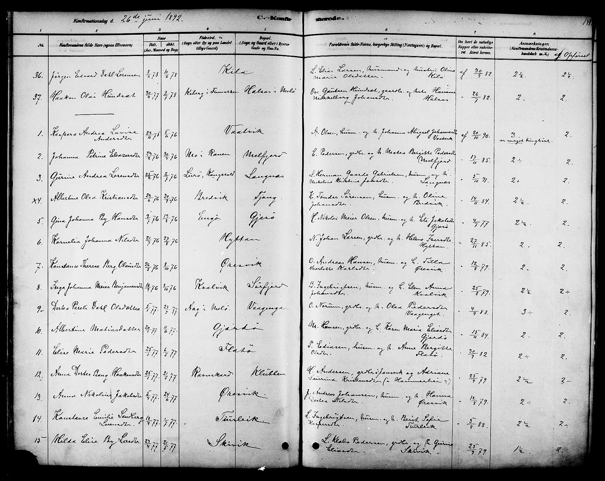Ministerialprotokoller, klokkerbøker og fødselsregistre - Nordland, SAT/A-1459/841/L0609: Parish register (official) no. 841A12, 1878-1901, p. 141