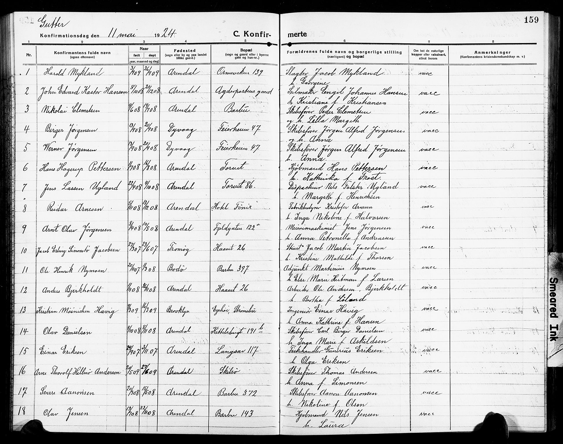 Arendal sokneprestkontor, Trefoldighet, SAK/1111-0040/F/Fb/L0007: Parish register (copy) no. B 7, 1916-1927, p. 159