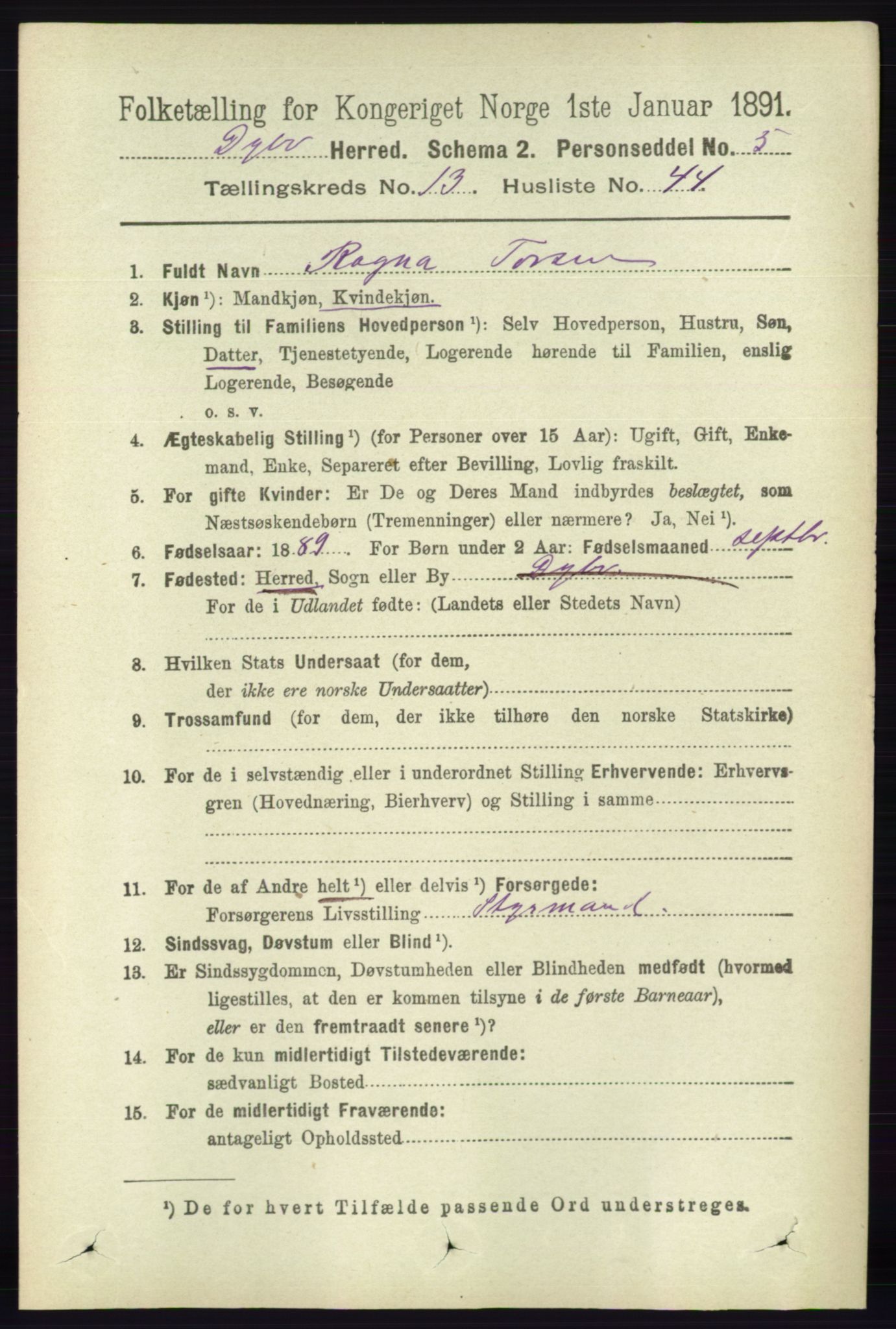 RA, 1891 census for 0915 Dypvåg, 1891, p. 5567