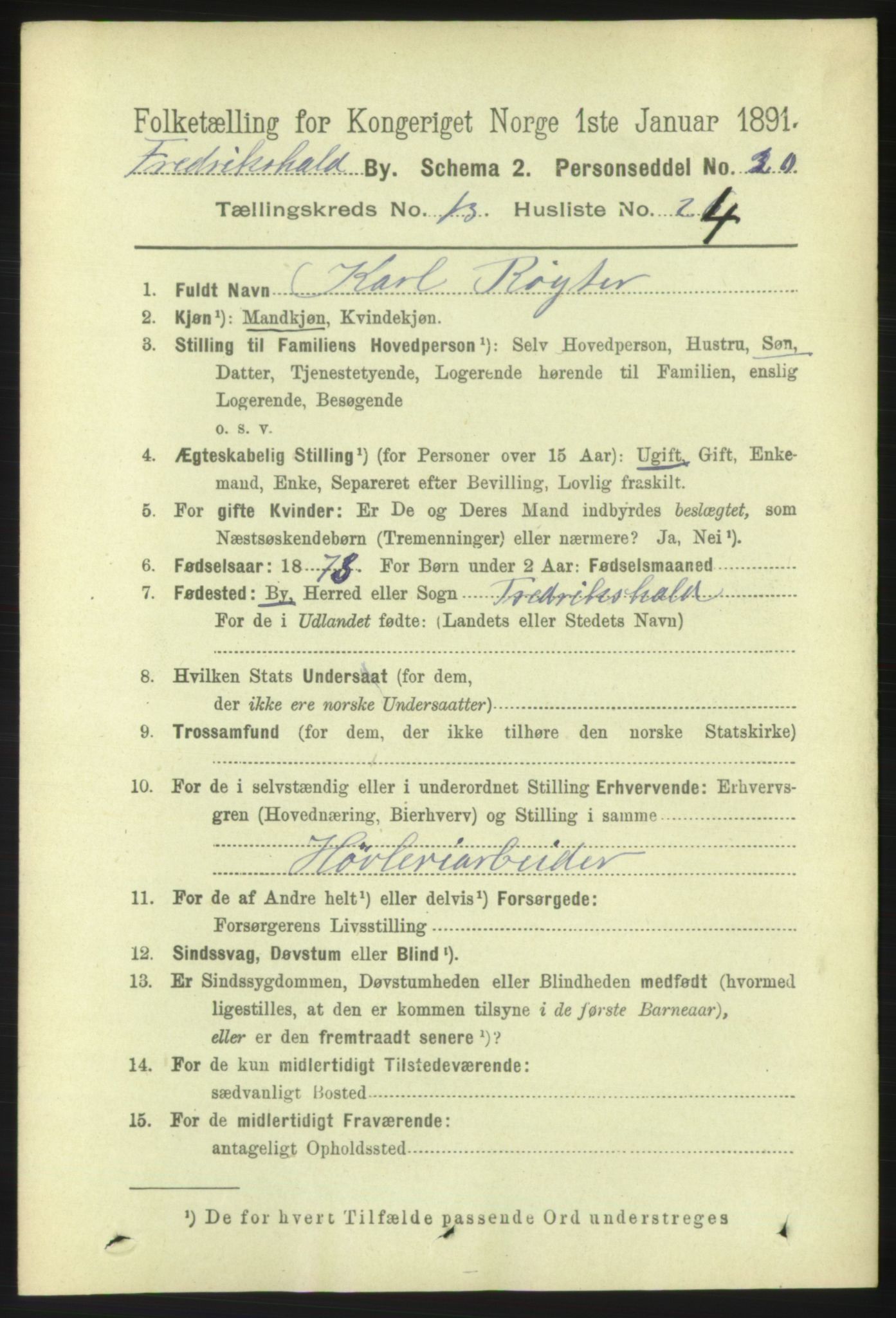 RA, 1891 census for 0101 Fredrikshald, 1891, p. 9010