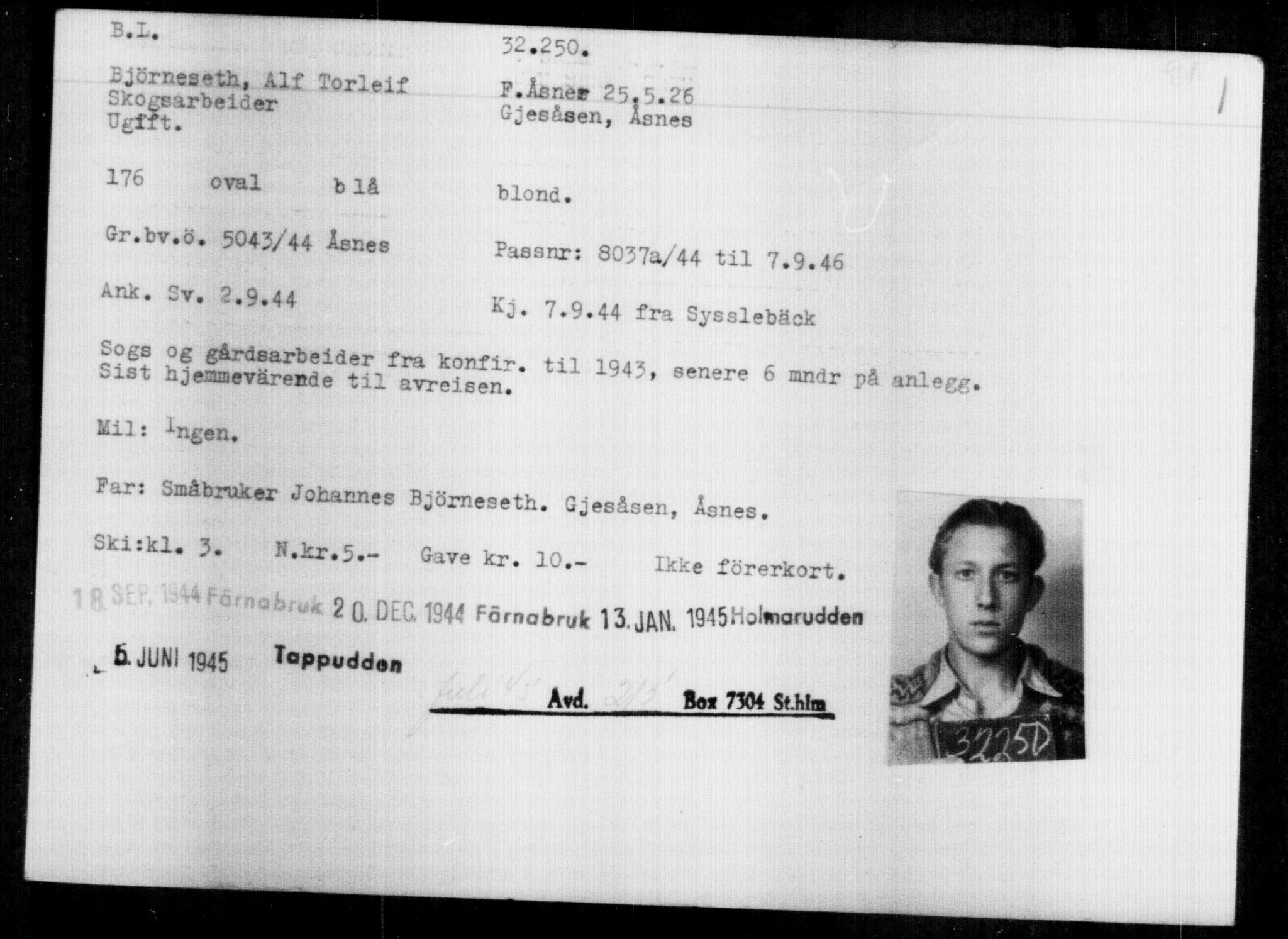 Utenriksstasjonene, Legasjonen i Stockholm, Flyktningkontoret, AV/RA-S-6753/V/Va/L0013: Kjesäterkartoteket, flyktninger med registreringsnr. 31500-34731, 1940-1945, p. 798