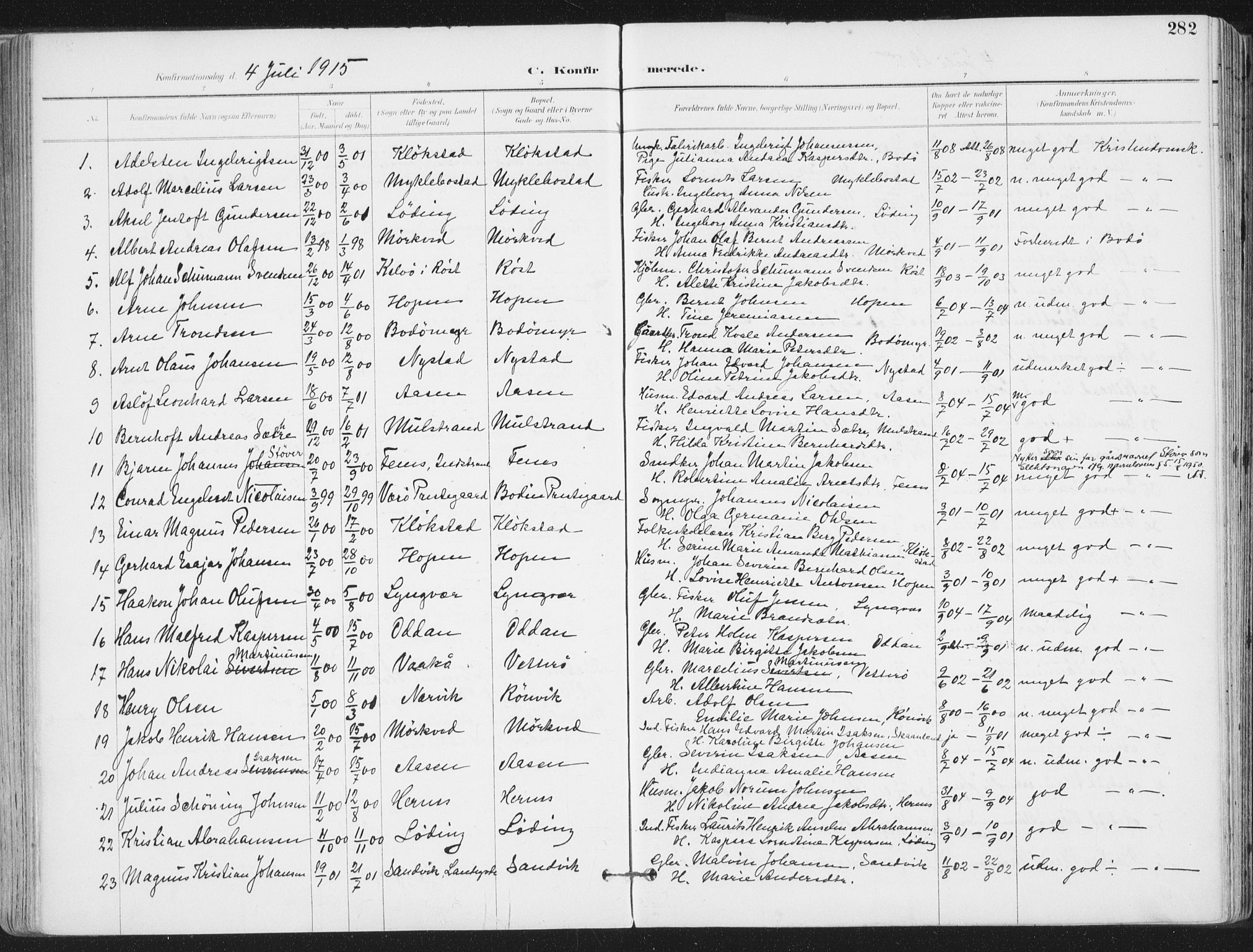 Ministerialprotokoller, klokkerbøker og fødselsregistre - Nordland, SAT/A-1459/802/L0055: Parish register (official) no. 802A02, 1894-1915, p. 282