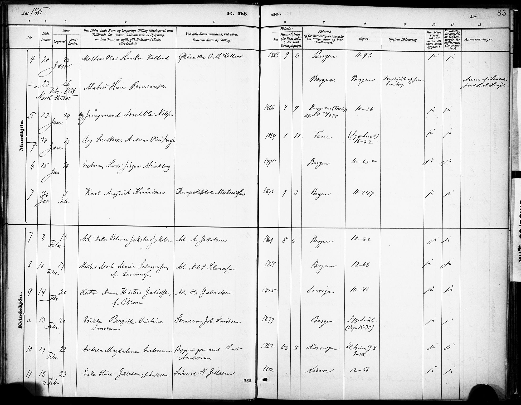 Domkirken sokneprestembete, AV/SAB-A-74801/H/Haa/L0043: Parish register (official) no. E 5, 1882-1904, p. 85