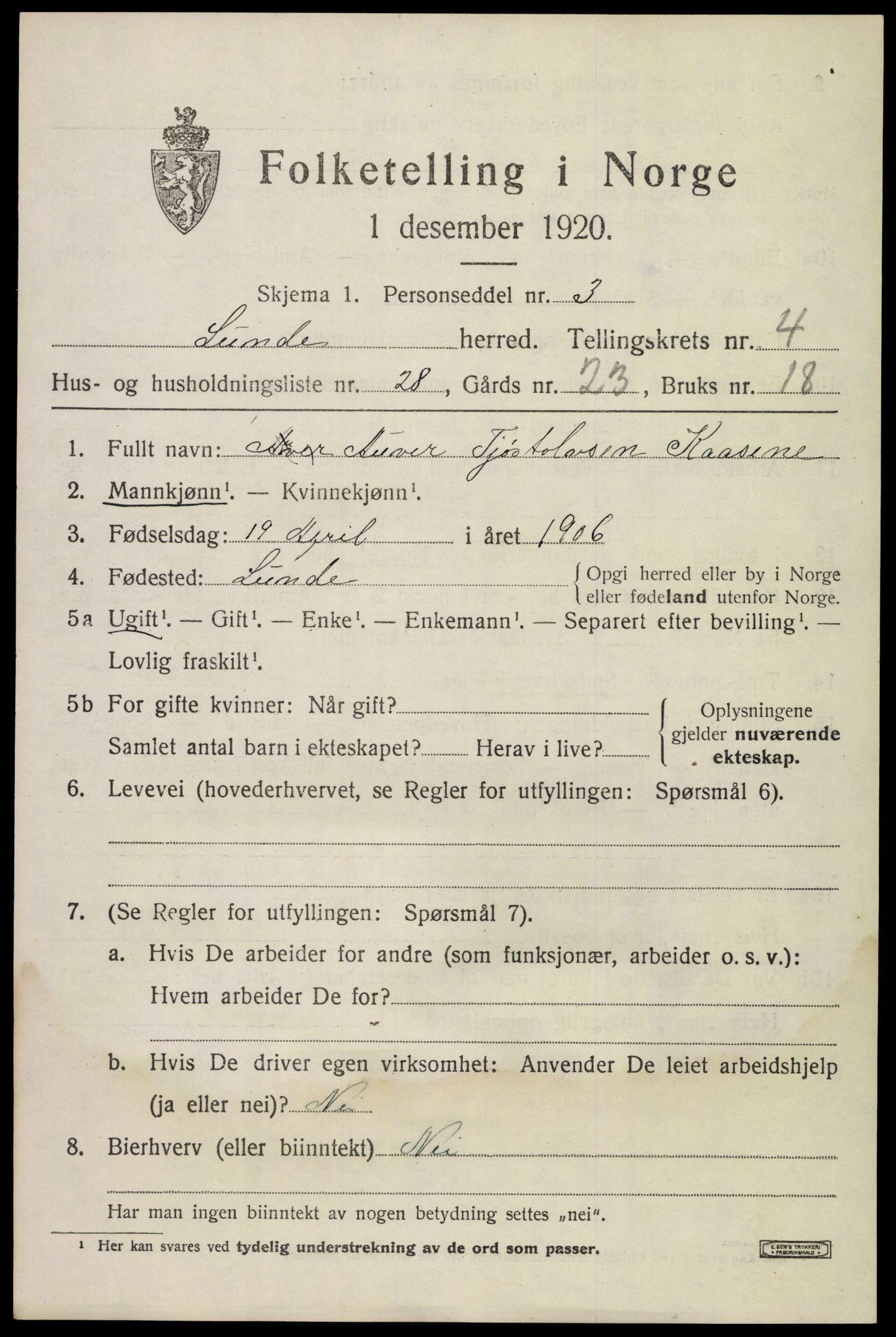 SAKO, 1920 census for Lunde, 1920, p. 3207