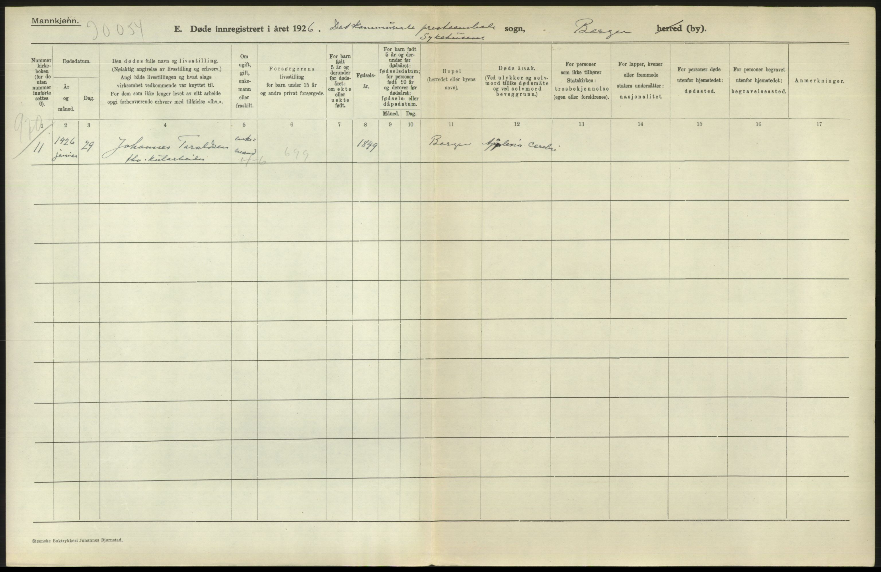 Statistisk sentralbyrå, Sosiodemografiske emner, Befolkning, AV/RA-S-2228/D/Df/Dfc/Dfcf/L0028: Bergen: Gifte, døde, dødfødte., 1926, p. 808