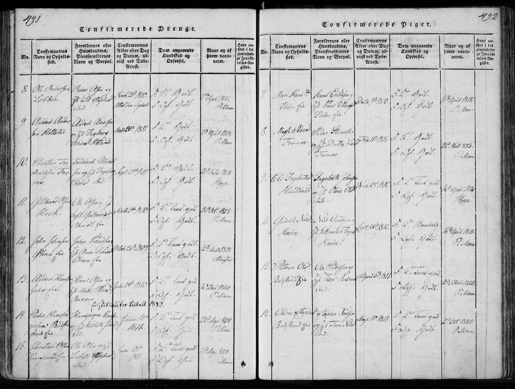 Modum kirkebøker, AV/SAKO-A-234/F/Fa/L0005: Parish register (official) no. 5, 1824-1841, p. 491-492