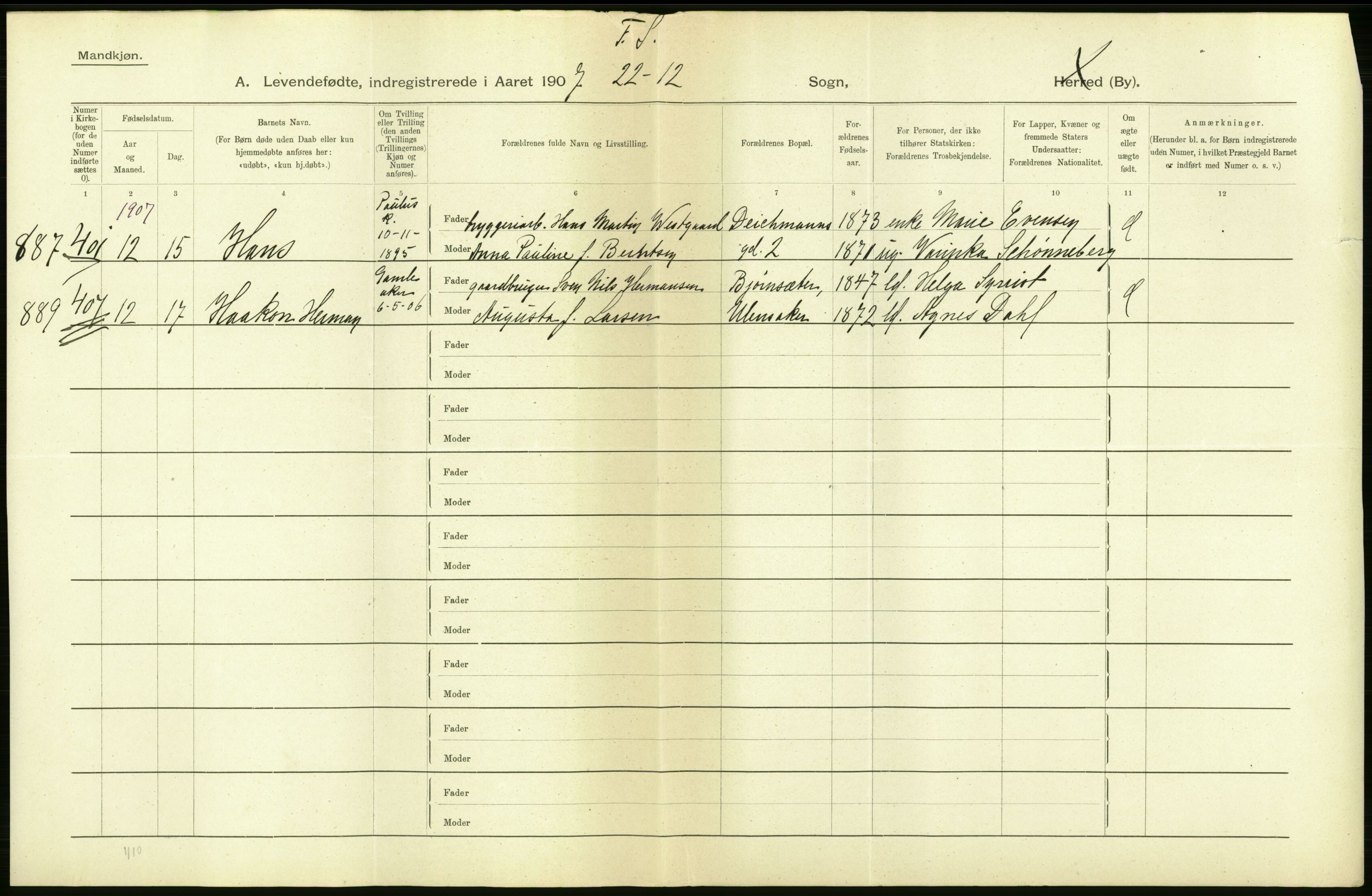 Statistisk sentralbyrå, Sosiodemografiske emner, Befolkning, AV/RA-S-2228/D/Df/Dfa/Dfae/L0007: Kristiania: Levendefødte menn og kvinner., 1907, p. 4