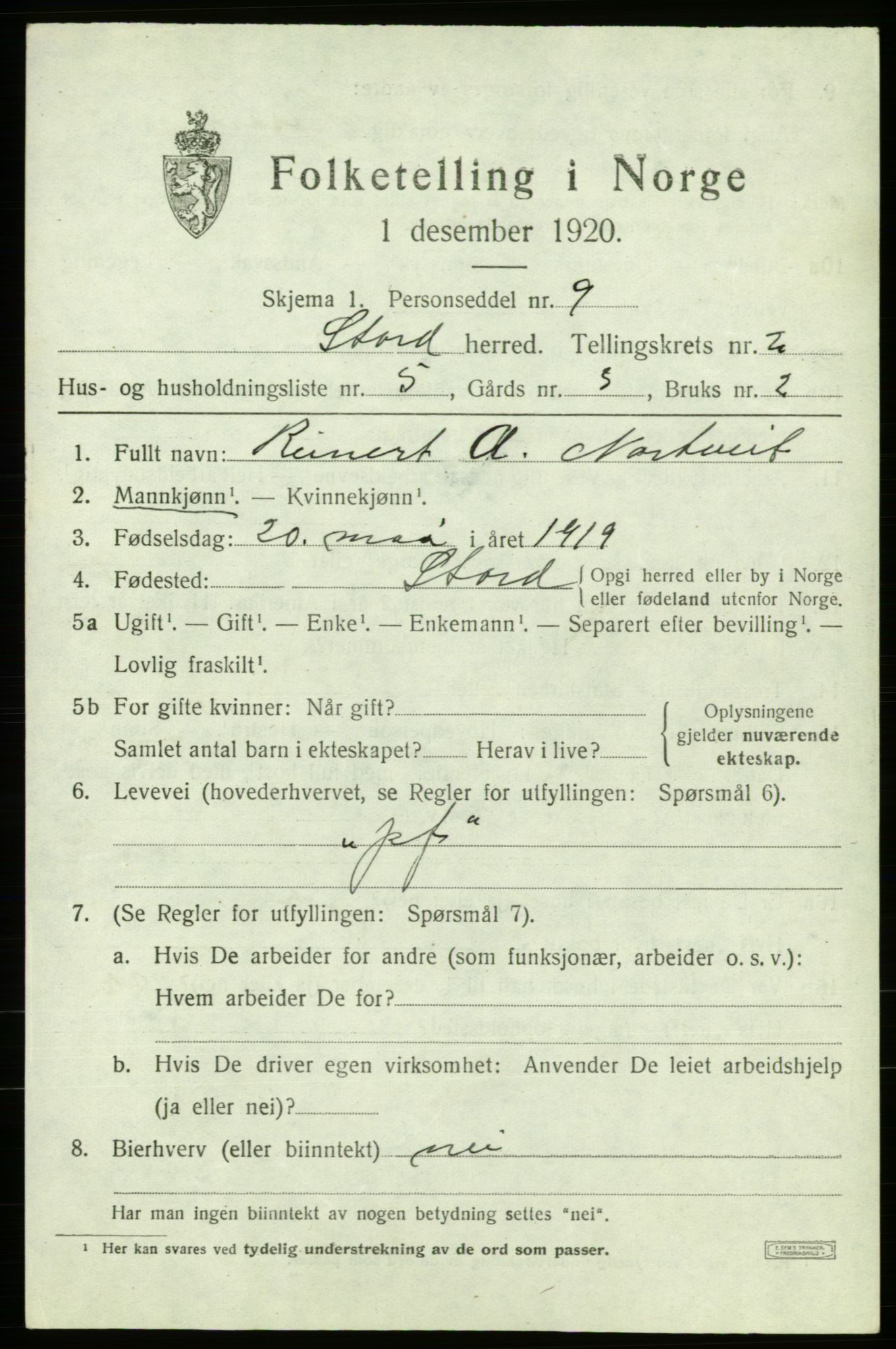 SAB, 1920 census for Stord, 1920, p. 1601