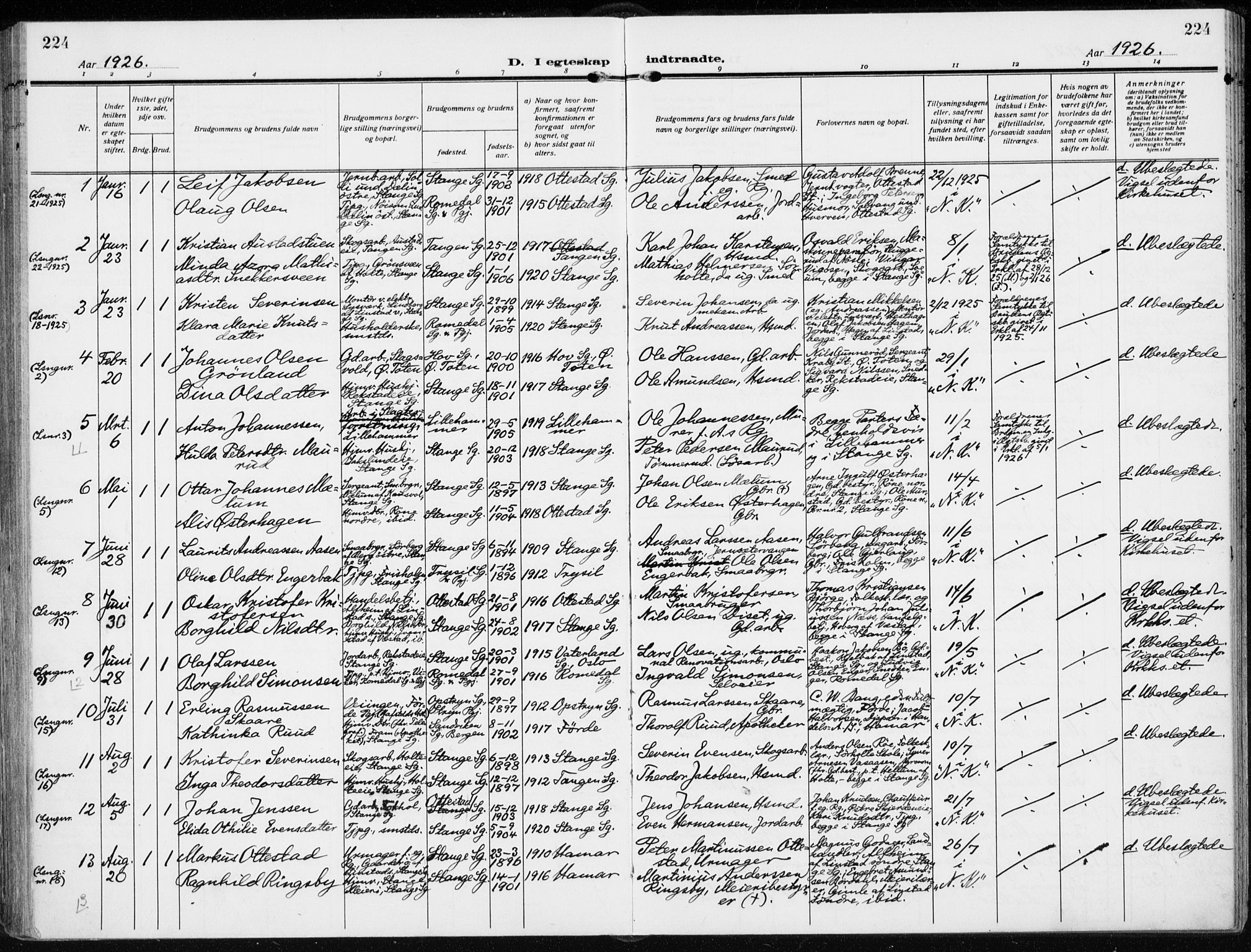 Stange prestekontor, AV/SAH-PREST-002/K/L0026: Parish register (official) no. 26, 1923-1937, p. 224