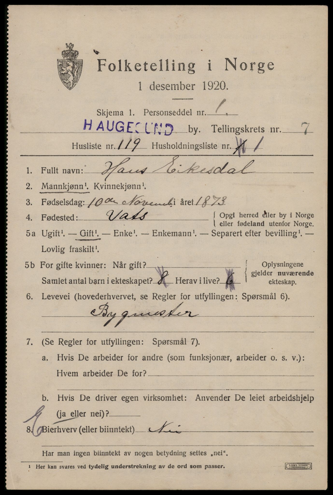 SAST, 1920 census for Haugesund, 1920, p. 27173