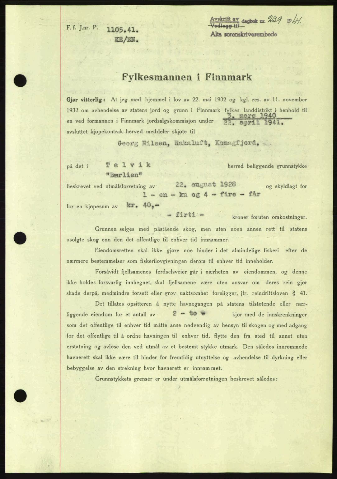 Alta fogderi/sorenskriveri, SATØ/SATØ-5/1/K/Kd/L0033pantebok: Mortgage book no. 33, 1940-1943, Diary no: : 239/1941