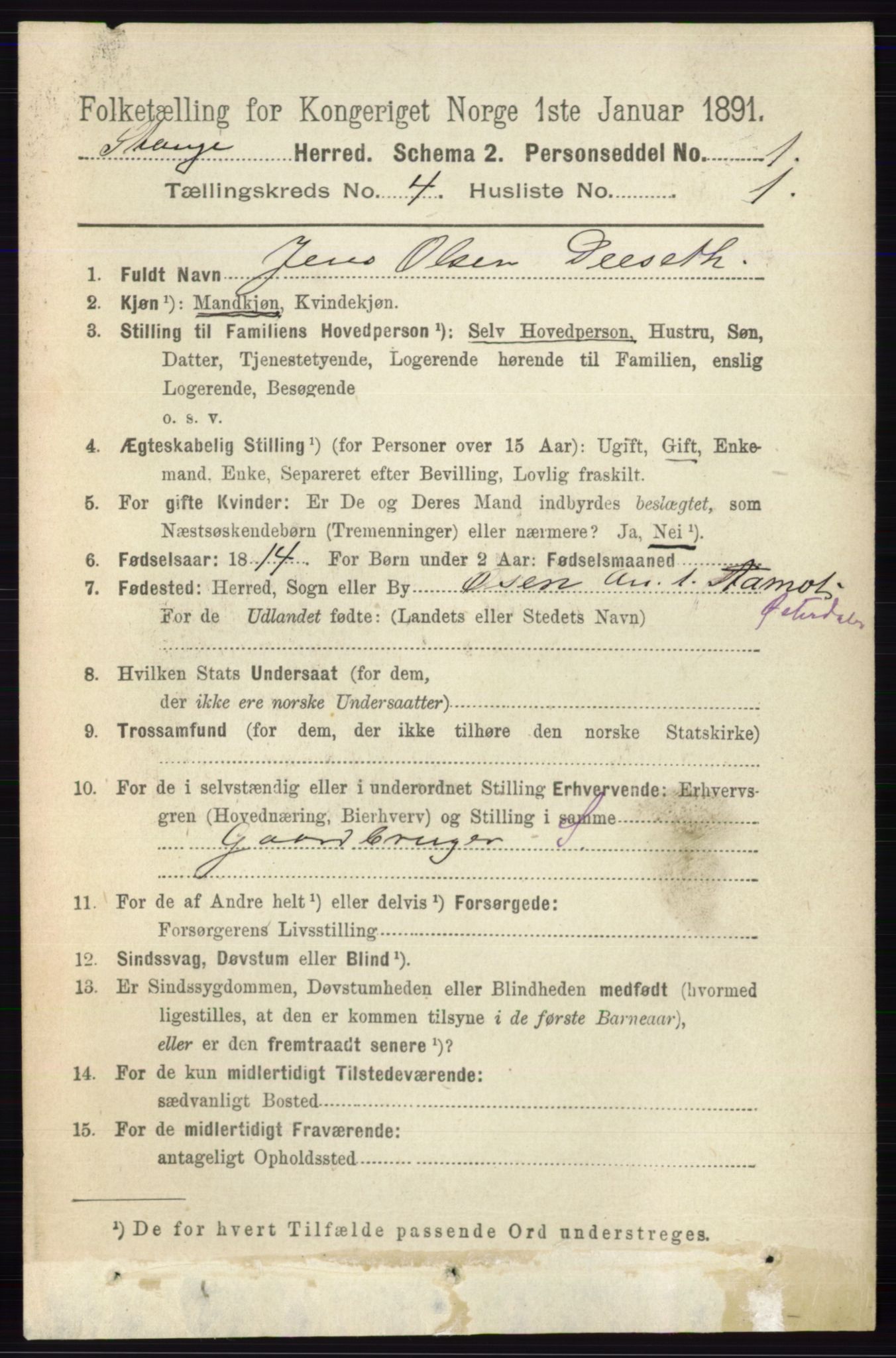 RA, 1891 census for 0417 Stange, 1891, p. 2325