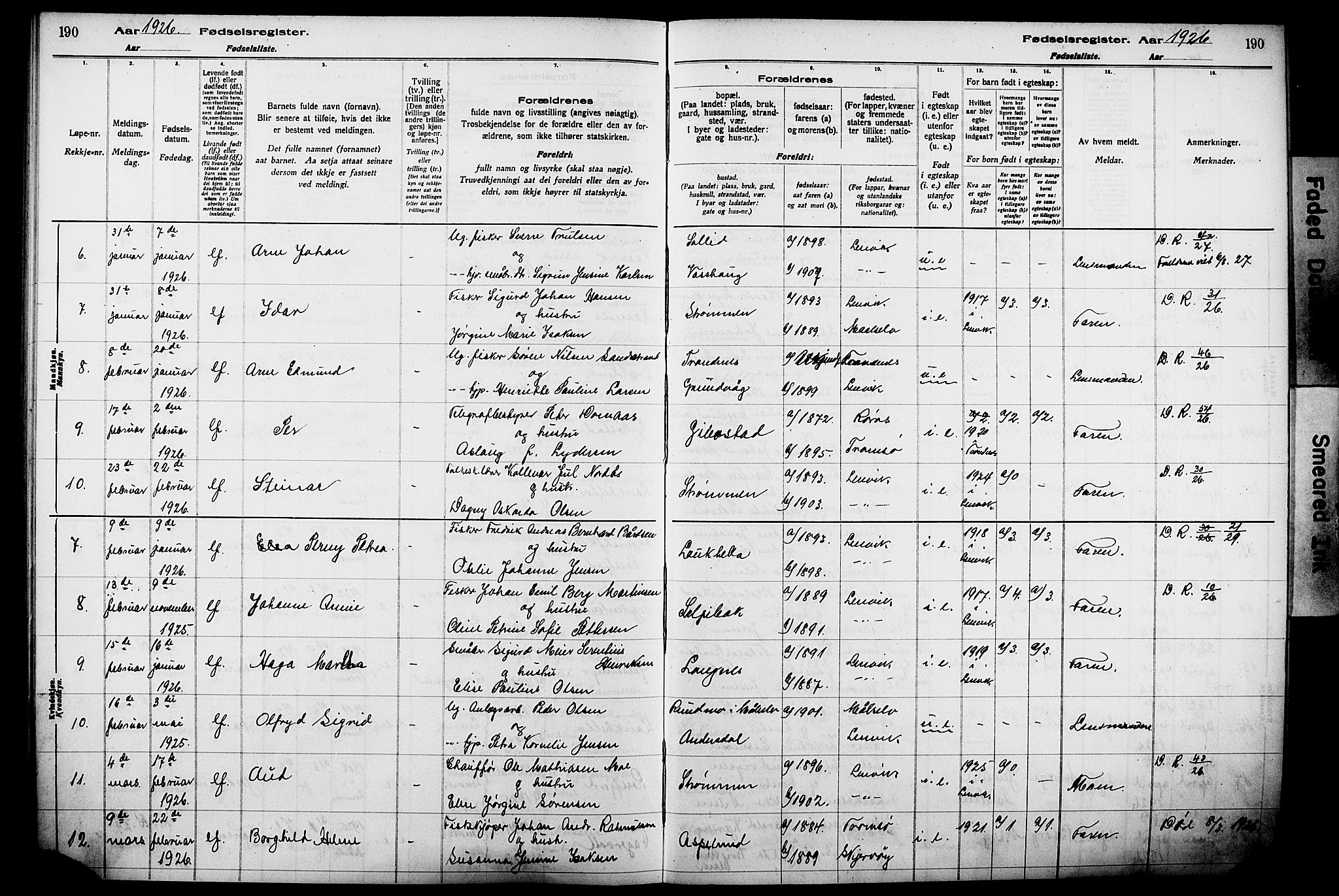 Lenvik sokneprestembete, AV/SATØ-S-1310/I/Ic/L0089: Birth register no. 89, 1916-1926, p. 190