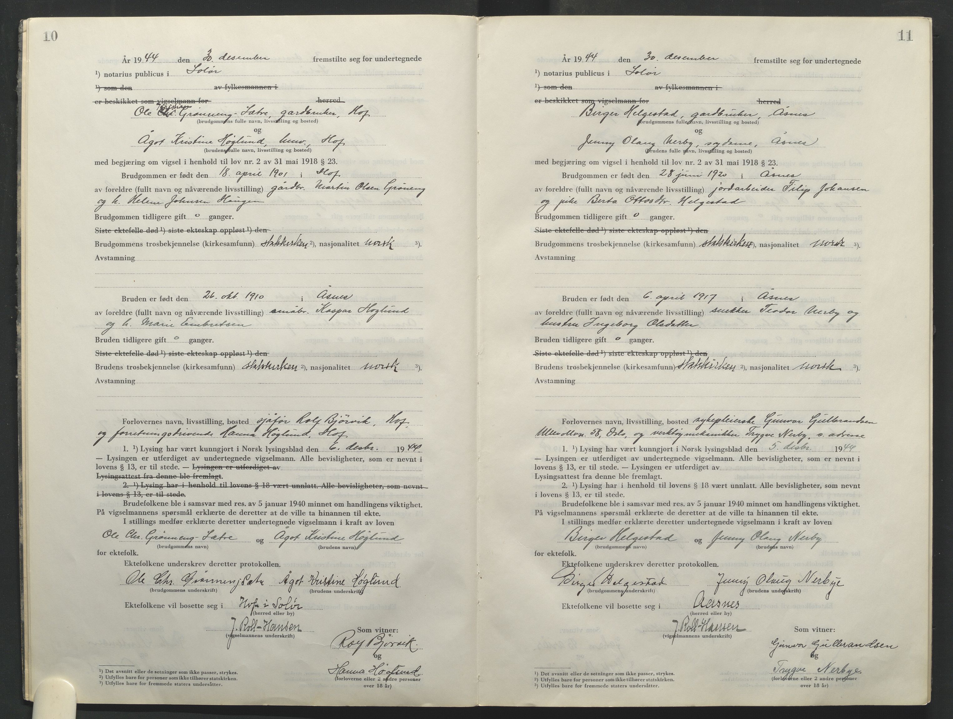 Solør tingrett, AV/SAH-TING-008/L/Lb/L0003/0001: Vigselprotokoll / Vigselprotokoll, 1944-1961, p. 10-11
