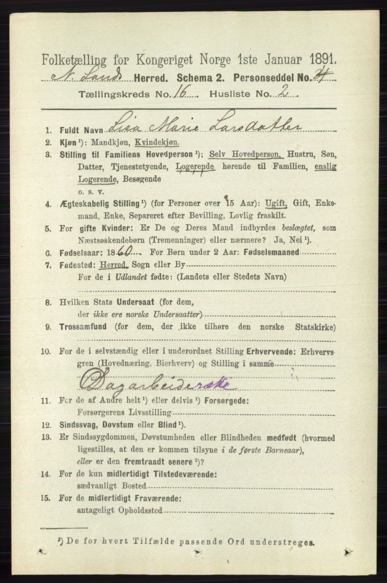 RA, 1891 census for 0538 Nordre Land, 1891, p. 4150