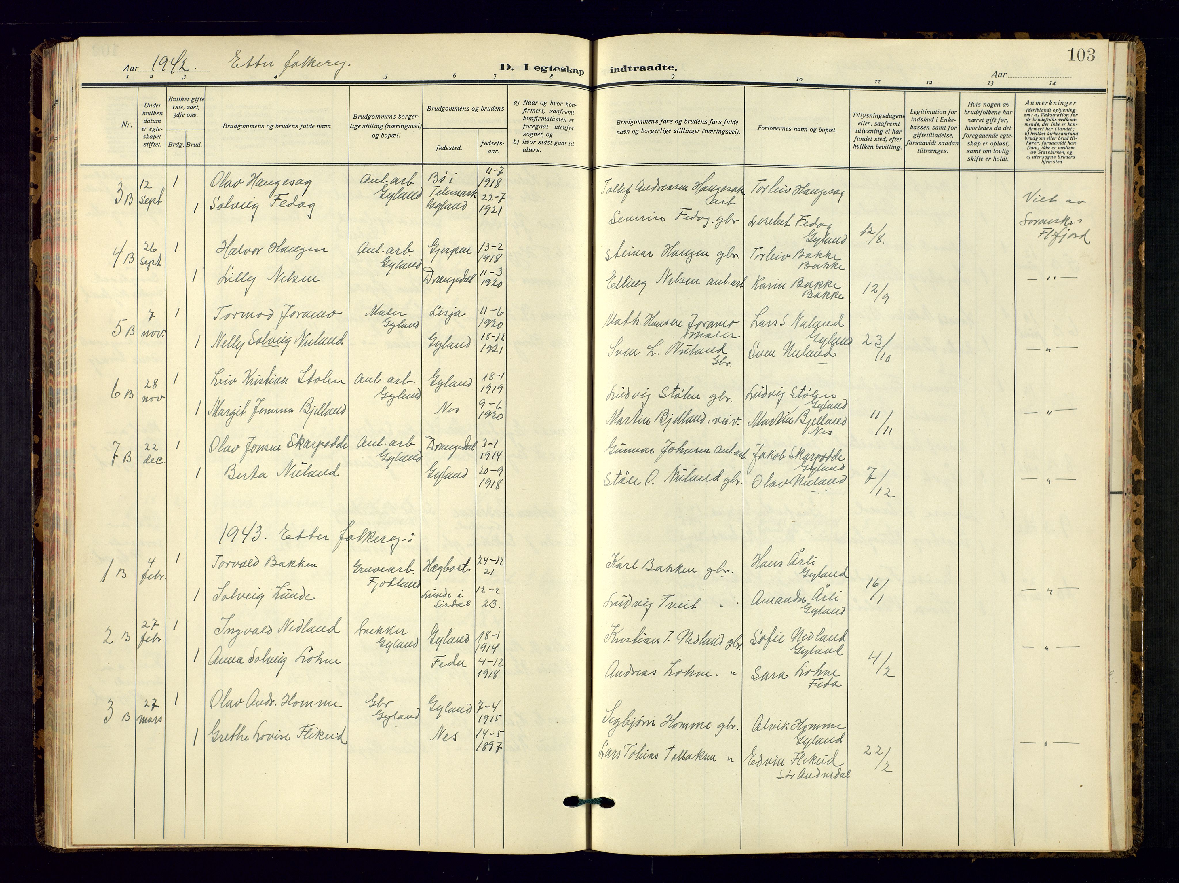 Bakke sokneprestkontor, SAK/1111-0002/F/Fb/Fbb/L0005: Parish register (copy) no. B 5, 1927-1947, p. 103