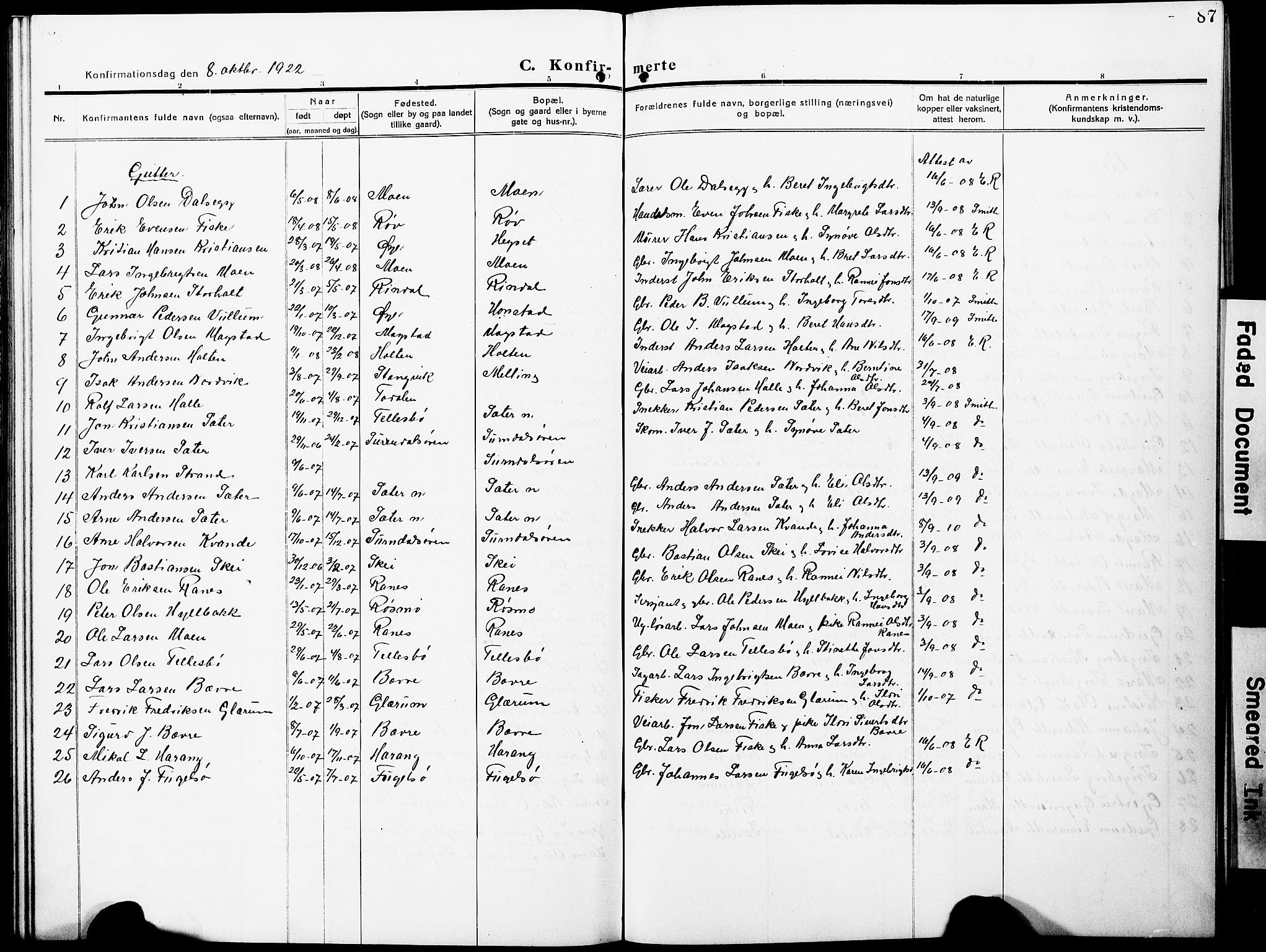 Ministerialprotokoller, klokkerbøker og fødselsregistre - Møre og Romsdal, SAT/A-1454/596/L1059: Parish register (copy) no. 596C02, 1908-1922, p. 87