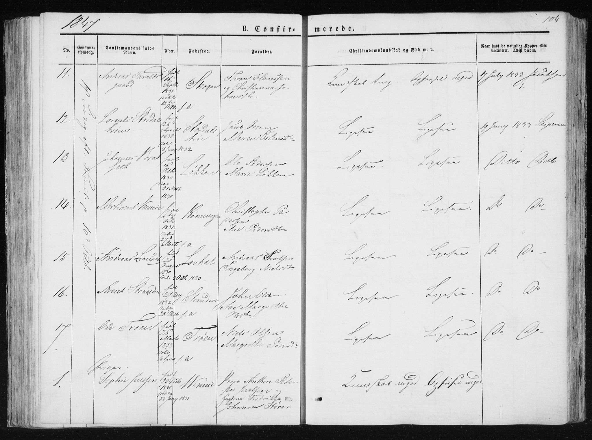 Ministerialprotokoller, klokkerbøker og fødselsregistre - Nord-Trøndelag, AV/SAT-A-1458/733/L0323: Parish register (official) no. 733A02, 1843-1870, p. 104