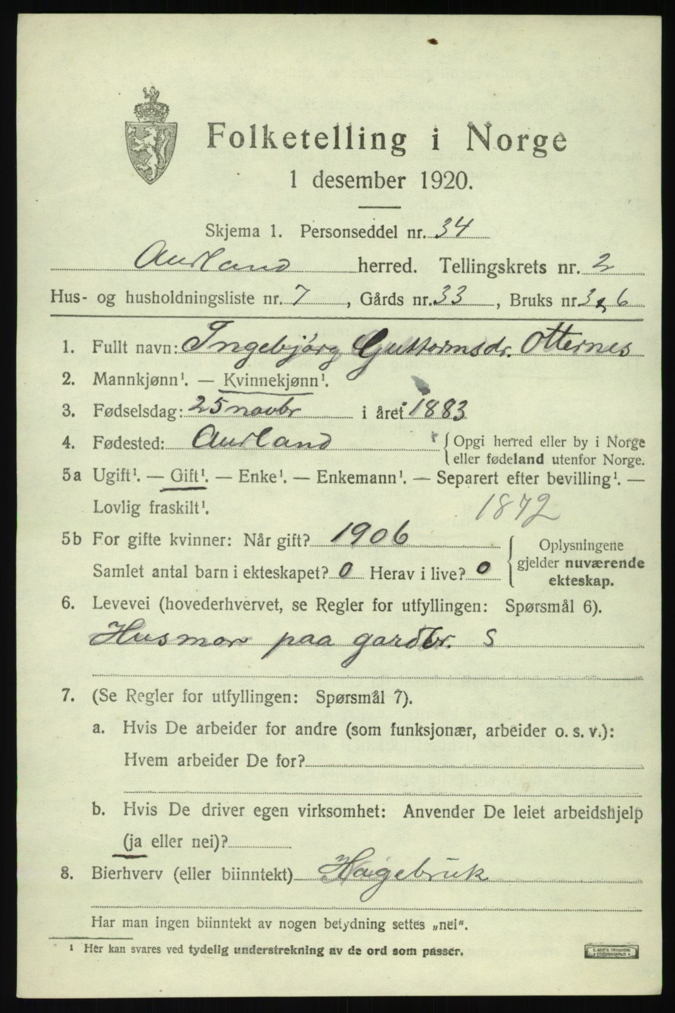 SAB, 1920 census for Aurland, 1920, p. 1890