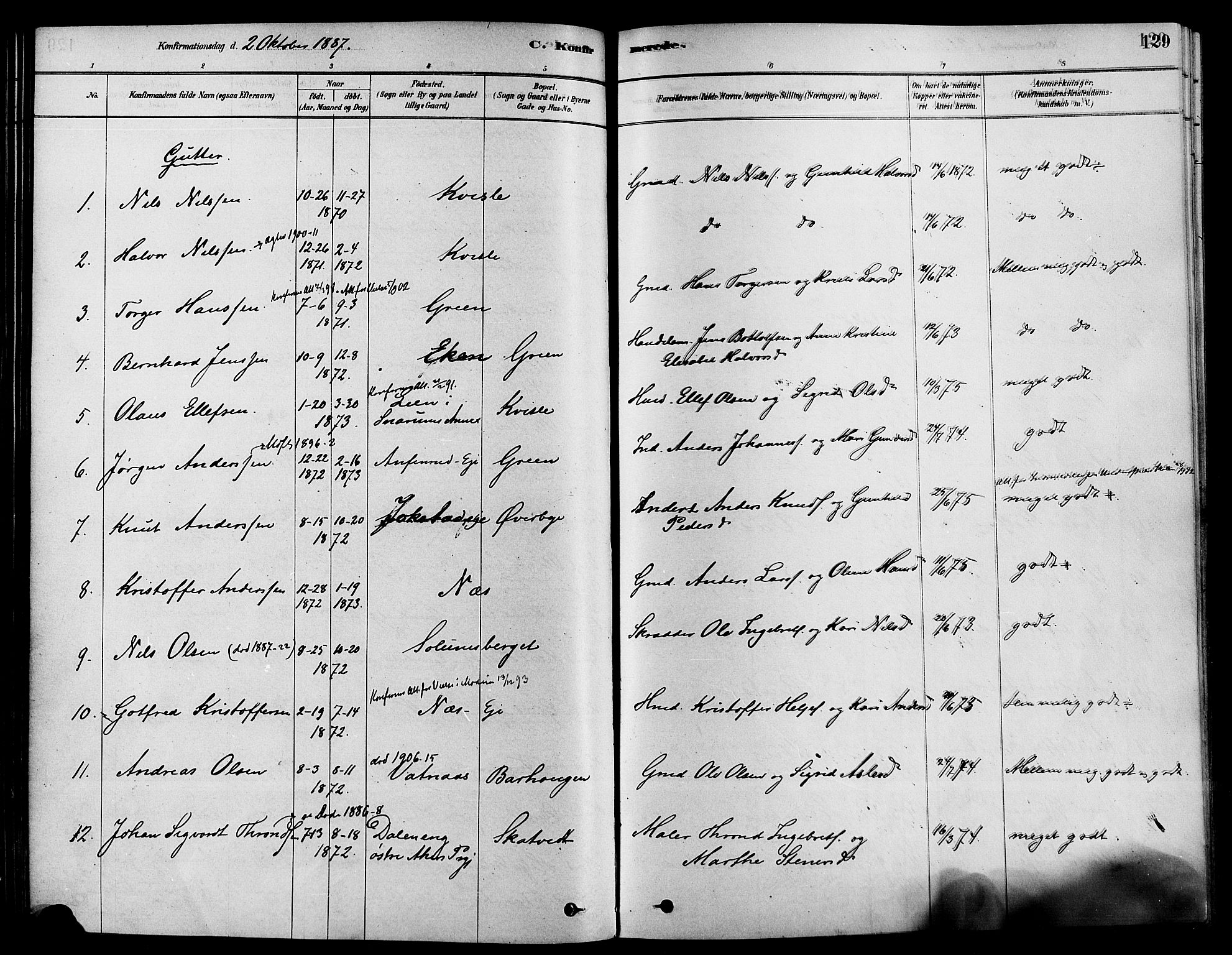 Sigdal kirkebøker, AV/SAKO-A-245/F/Fa/L0011: Parish register (official) no. I 11, 1879-1887, p. 129