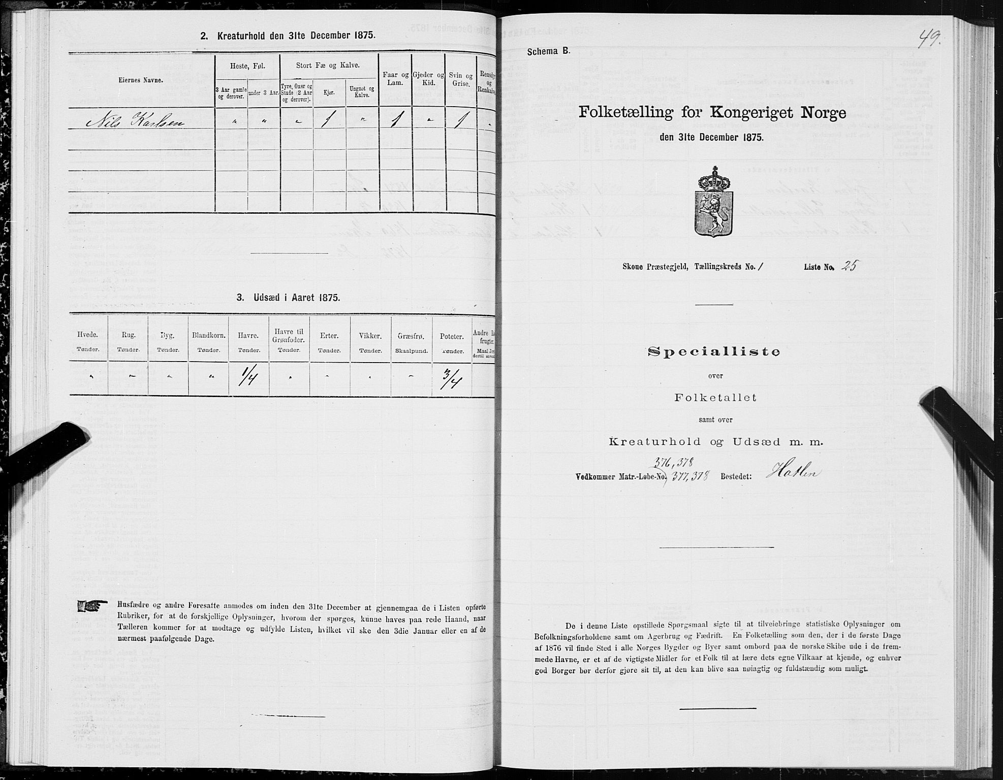 SAT, 1875 census for 1529P Skodje, 1875, p. 1049