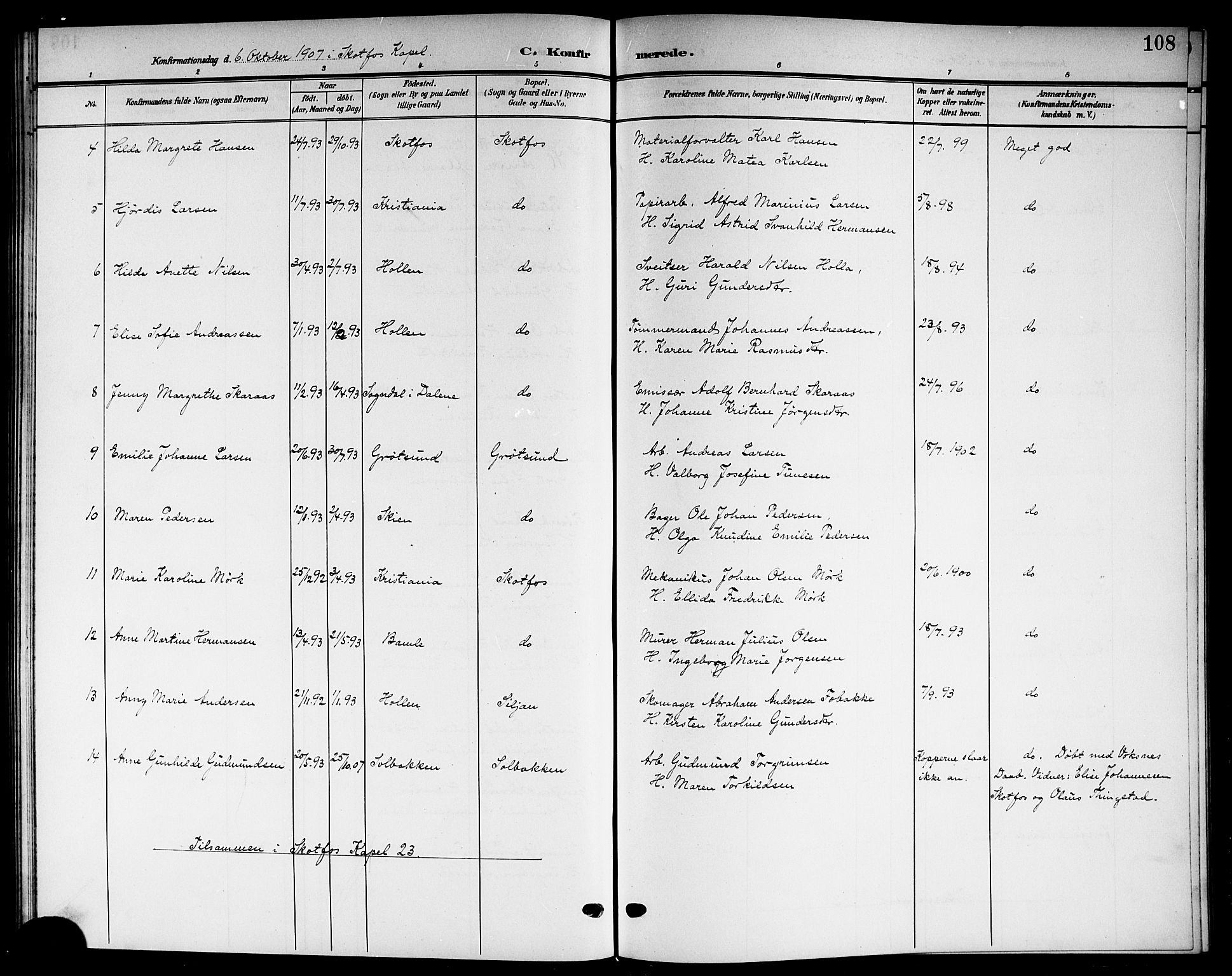 Solum kirkebøker, SAKO/A-306/G/Gb/L0005: Parish register (copy) no. II 5, 1905-1914, p. 108