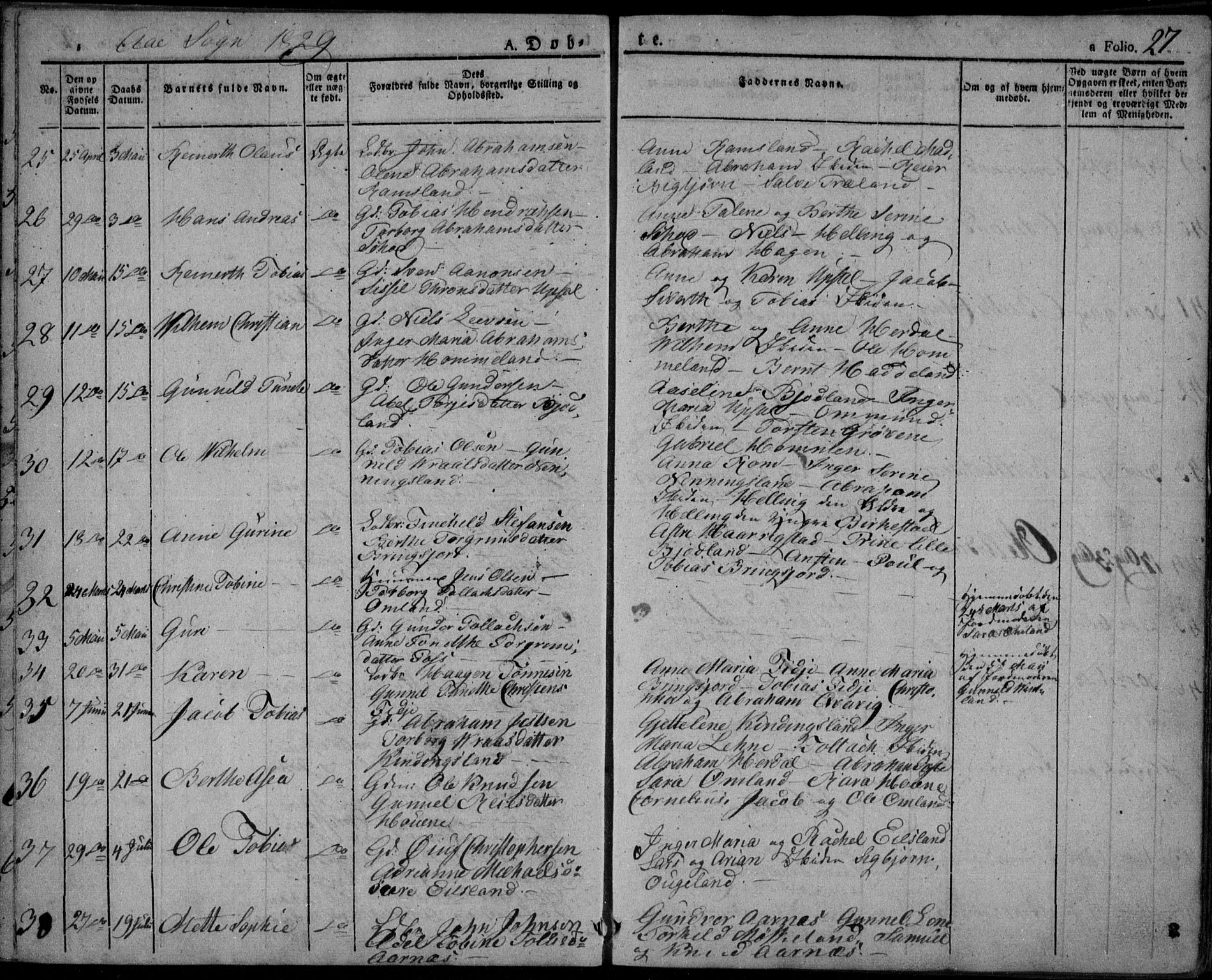 Lyngdal sokneprestkontor, AV/SAK-1111-0029/F/Fa/Fac/L0007: Parish register (official) no. A 7, 1825-1838, p. 27