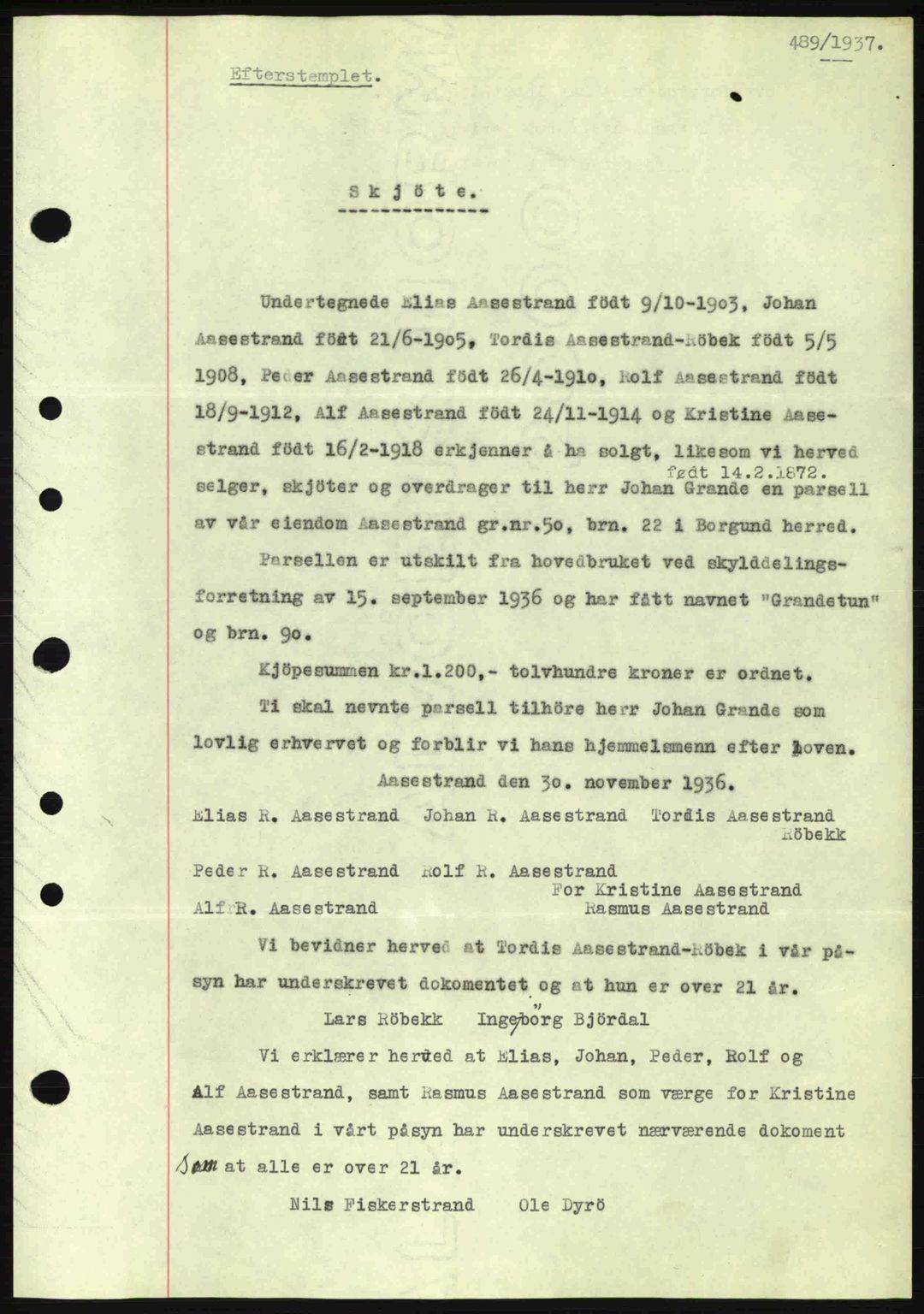 Nordre Sunnmøre sorenskriveri, AV/SAT-A-0006/1/2/2C/2Ca: Mortgage book no. A2, 1936-1937, Diary no: : 489/1937