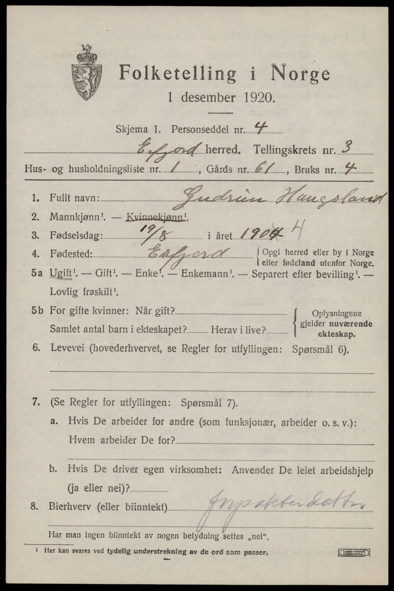 SAST, 1920 census for Erfjord, 1920, p. 961