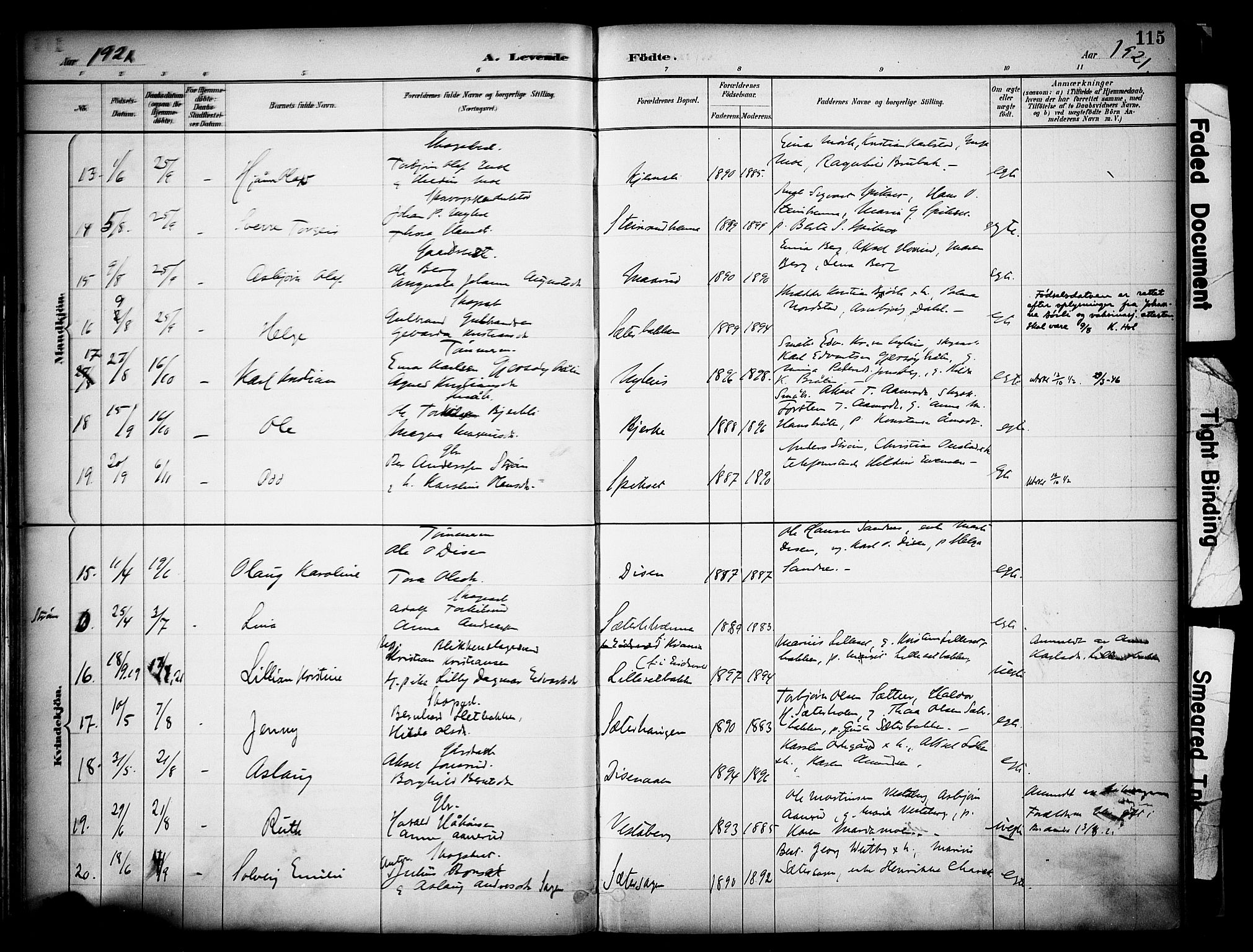 Sør-Odal prestekontor, SAH/PREST-030/H/Ha/Haa/L0008: Parish register (official) no. 8, 1886-1922, p. 115