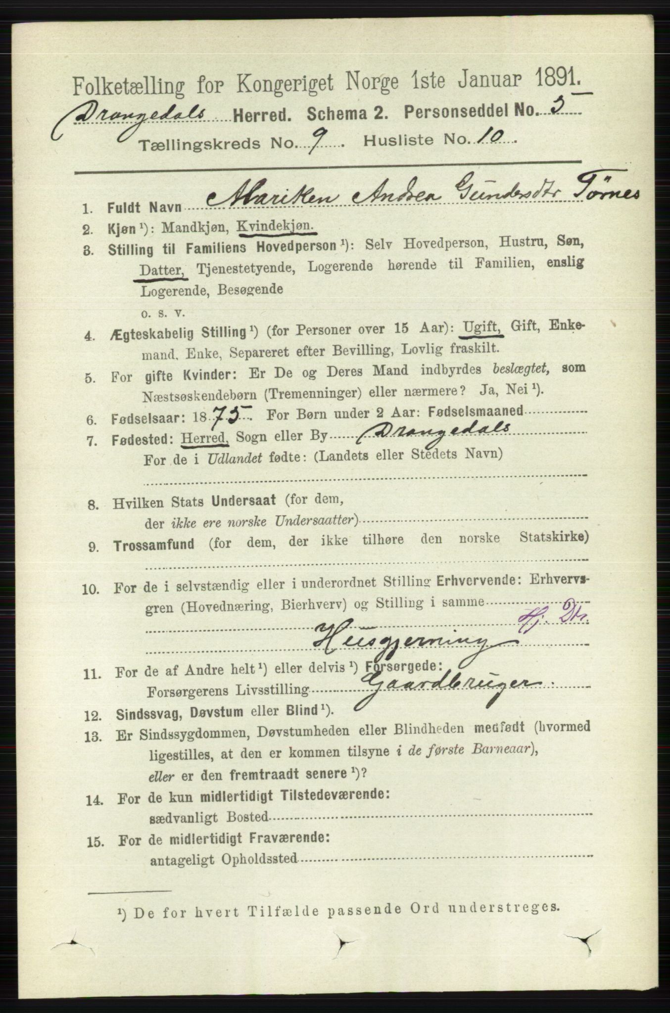 RA, 1891 census for 0817 Drangedal, 1891, p. 3182