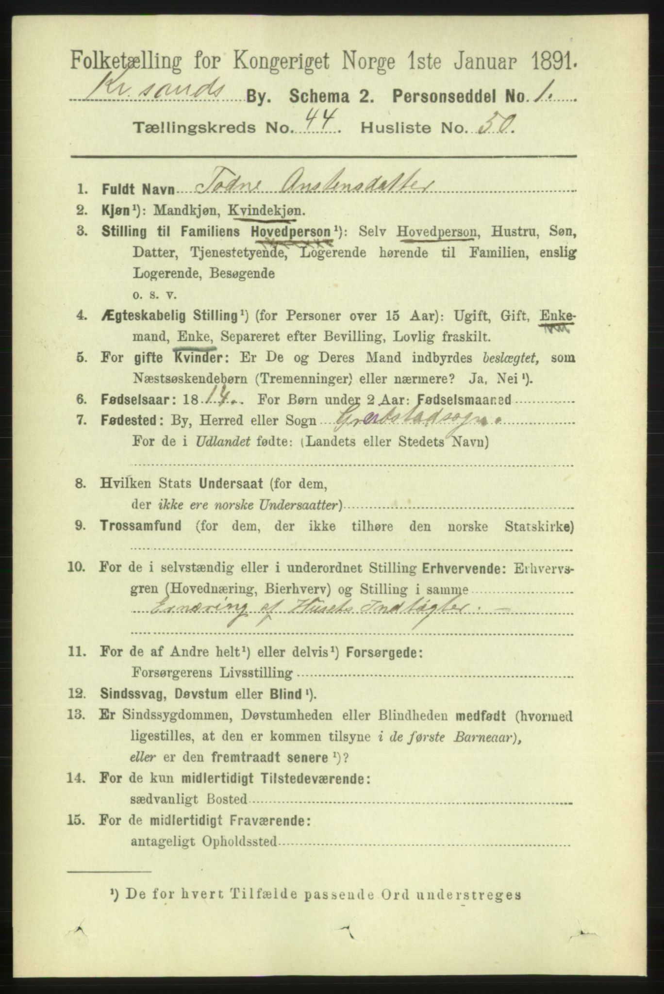 RA, 1891 census for 1001 Kristiansand, 1891, p. 13898