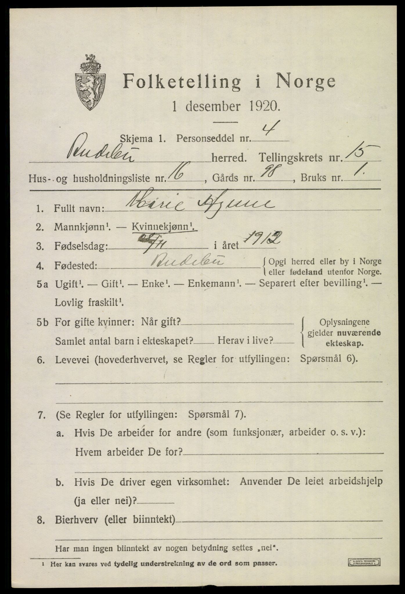 SAKO, 1920 census for Andebu, 1920, p. 5494