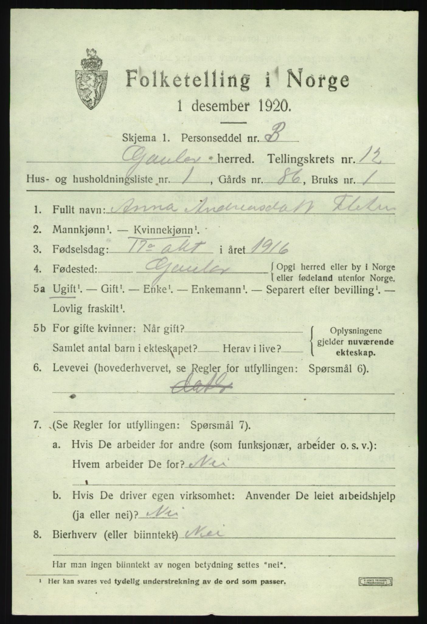 SAB, 1920 census for Gaular, 1920, p. 5598