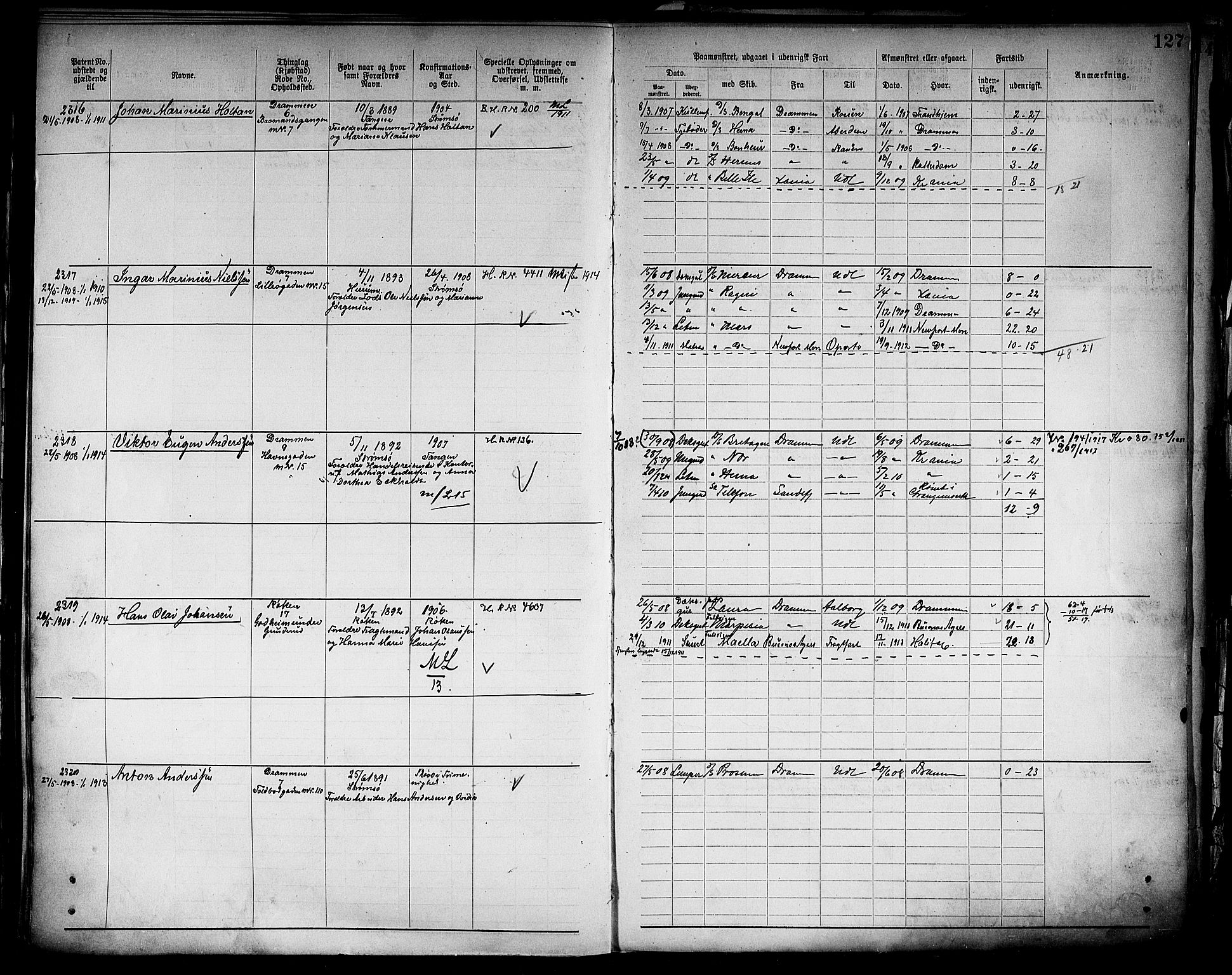 Drammen innrulleringsdistrikt, SAKO/A-781/F/Fb/L0006: Annotasjonsrulle, 1905-1911, p. 129