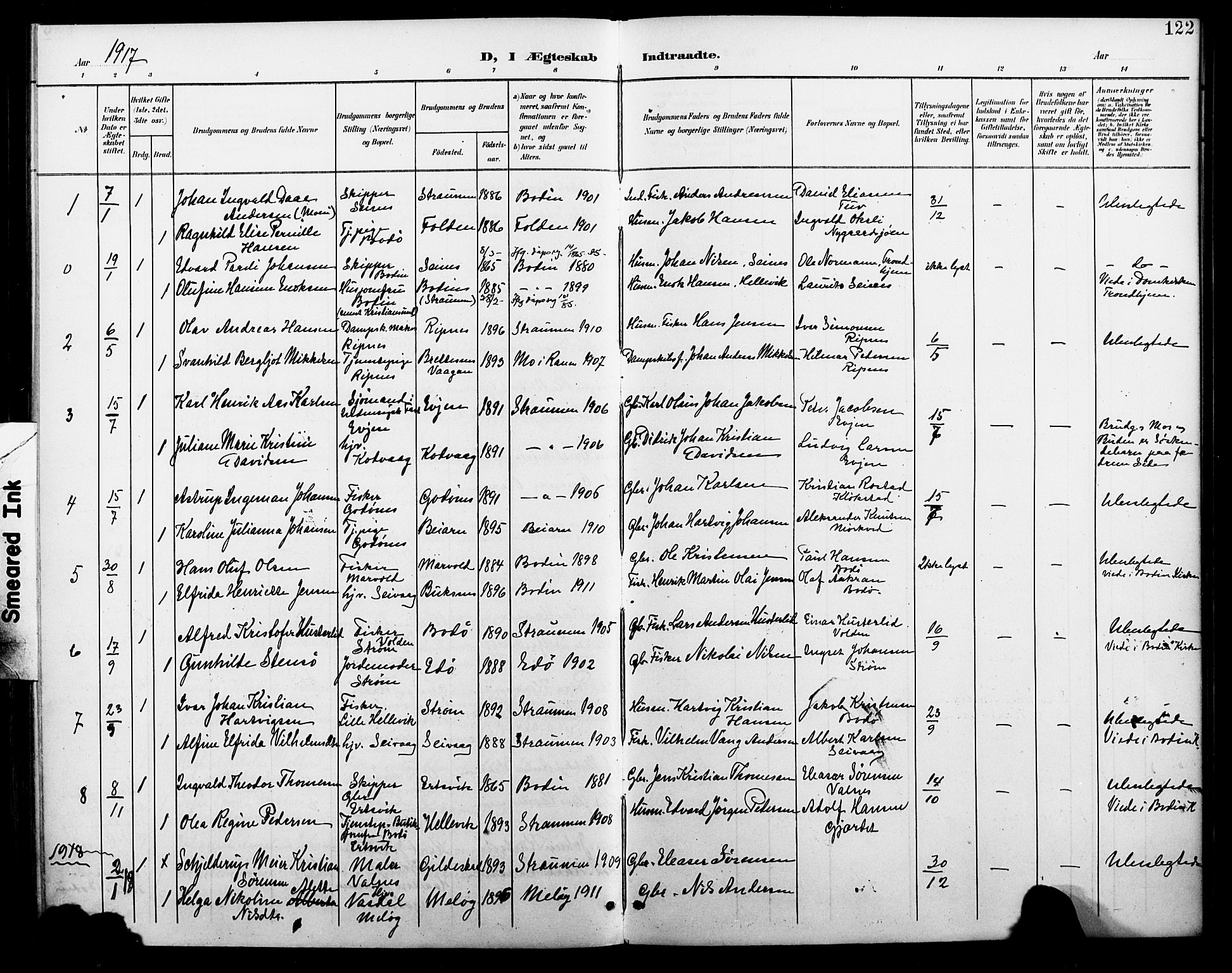 Ministerialprotokoller, klokkerbøker og fødselsregistre - Nordland, SAT/A-1459/804/L0088: Parish register (copy) no. 804C01, 1901-1917, p. 122