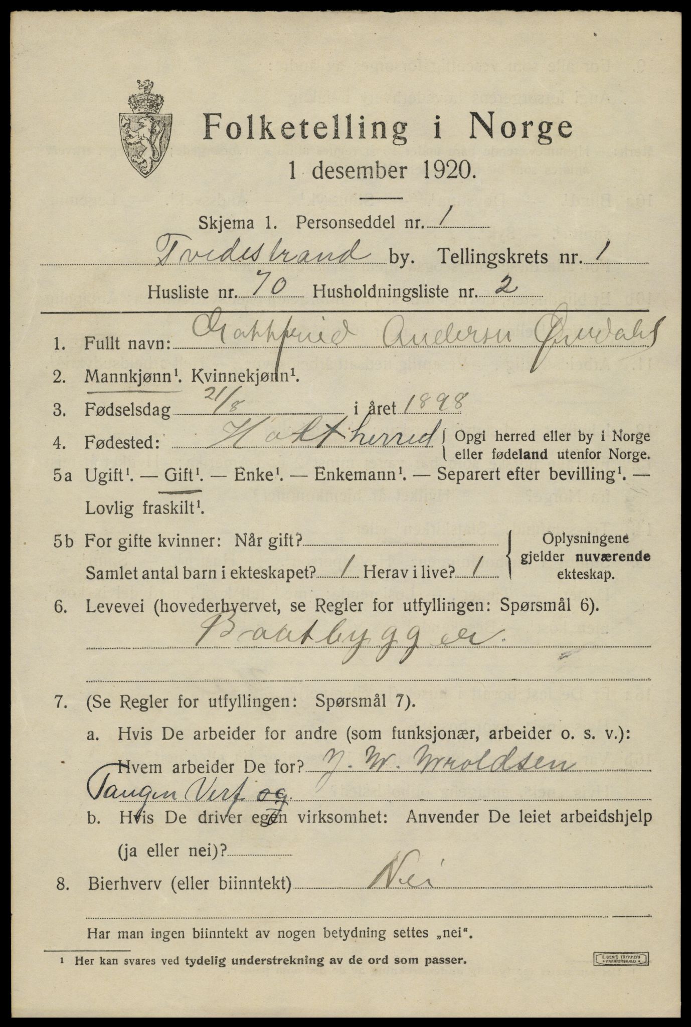 SAK, 1920 census for Tvedestrand, 1920, p. 2109