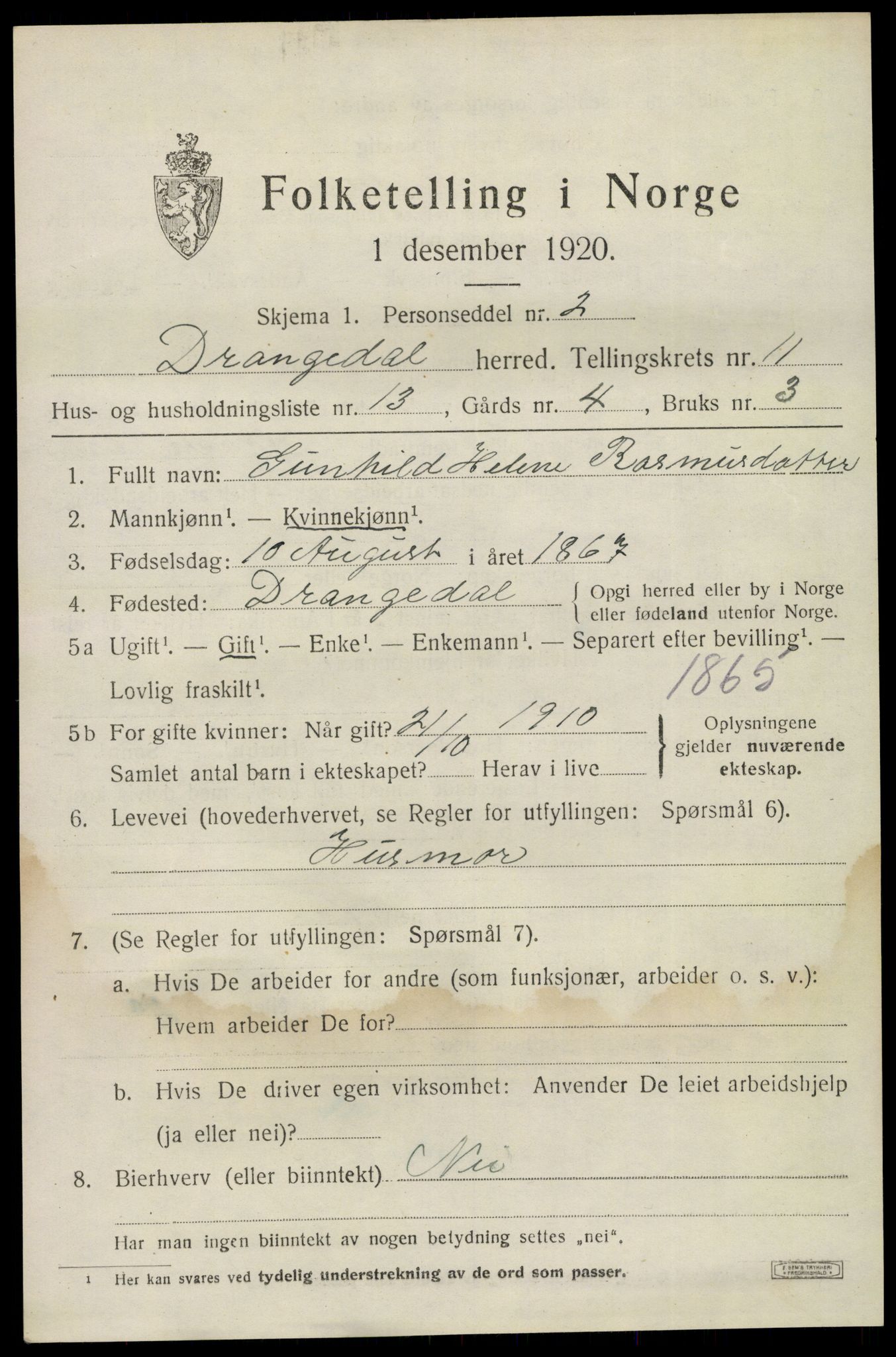 SAKO, 1920 census for Drangedal, 1920, p. 6769