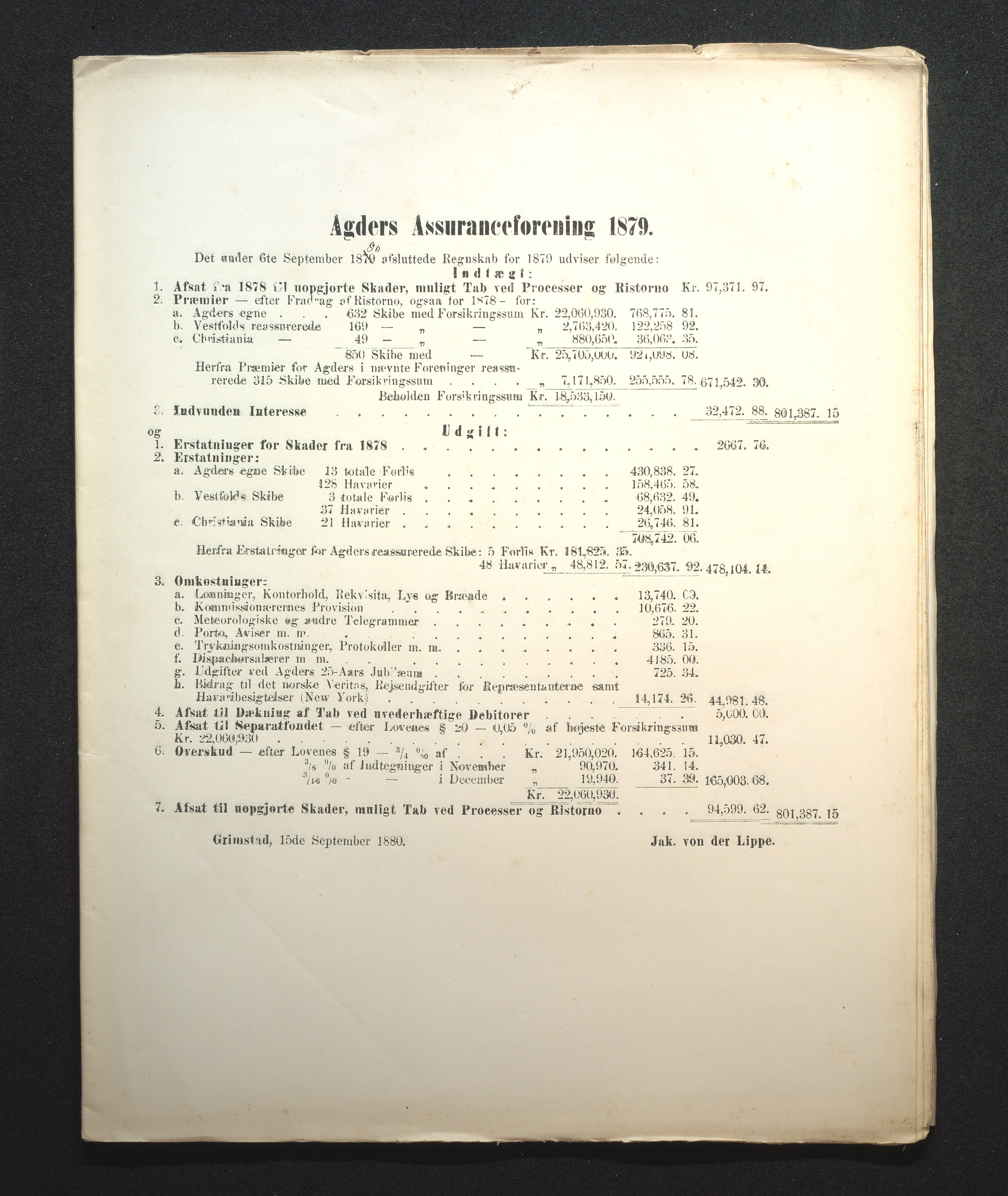 Agders Gjensidige Assuranceforening, AAKS/PA-1718/05/L0001: Regnskap, seilavdeling, pakkesak, 1855-1880