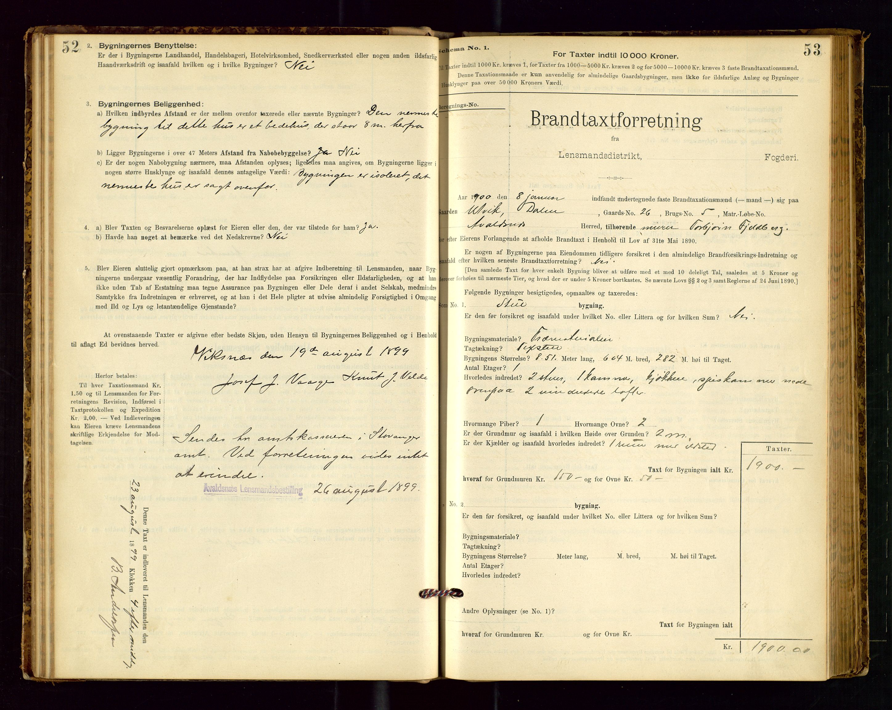Avaldsnes lensmannskontor, SAST/A-100286/Gob/L0001: "Brandtaxationsprotokol for Avaldsnes Lensmandsdistrikt Ryfylke Fogderi", 1894-1925, p. 52-53