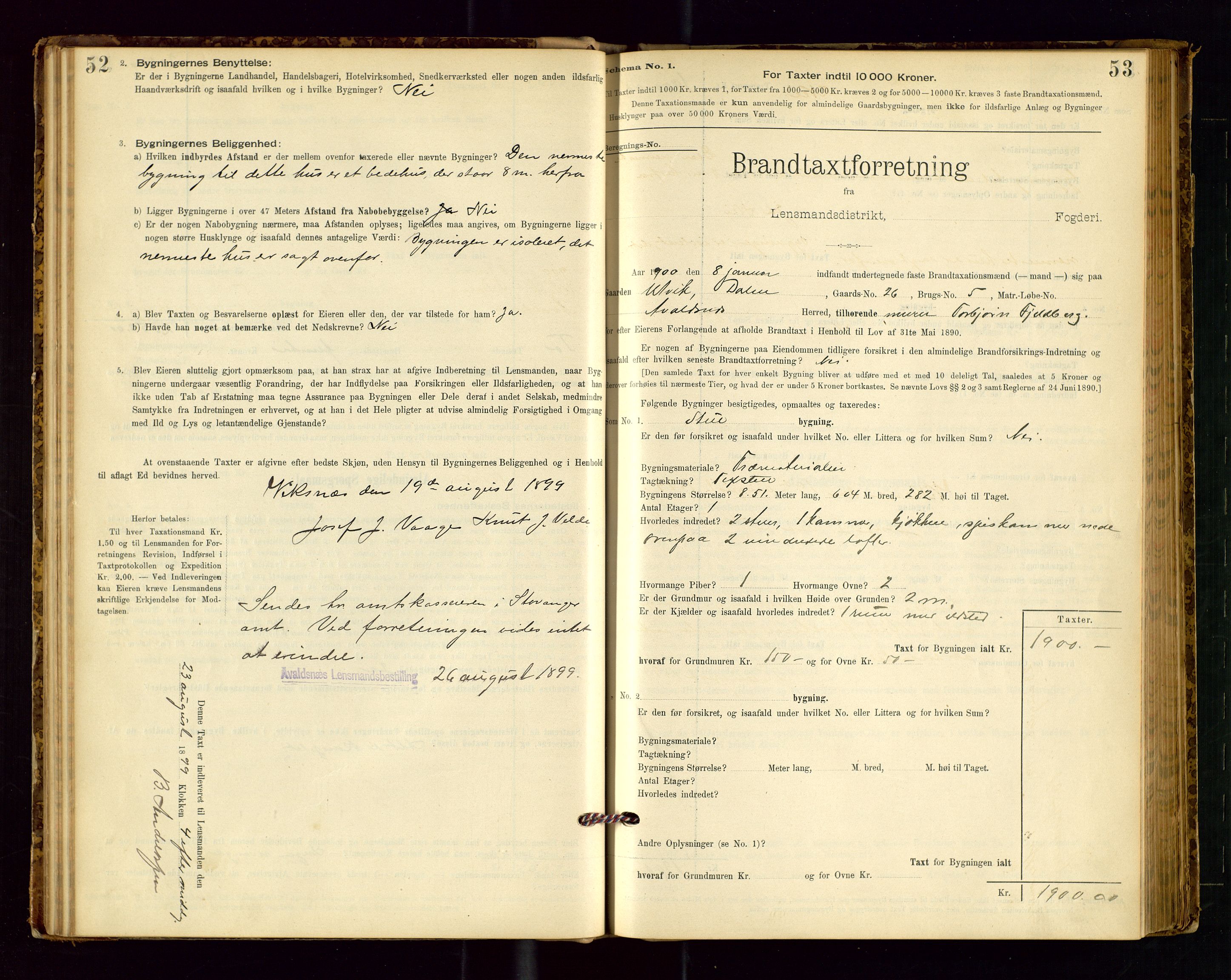 Avaldsnes lensmannskontor, AV/SAST-A-100286/Gob/L0001: "Brandtaxationsprotokol for Avaldsnes Lensmandsdistrikt Ryfylke Fogderi", 1894-1925, p. 52-53