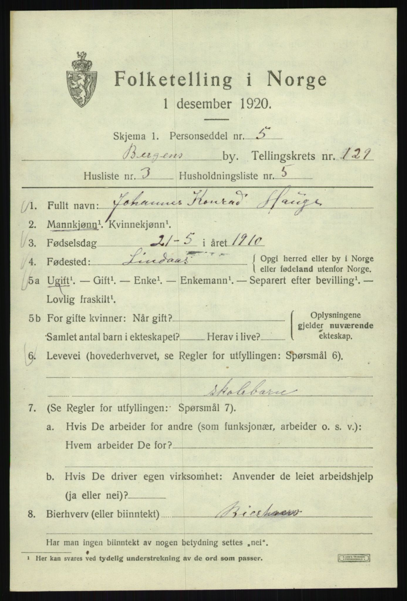 SAB, 1920 census for Bergen, 1920, p. 217770