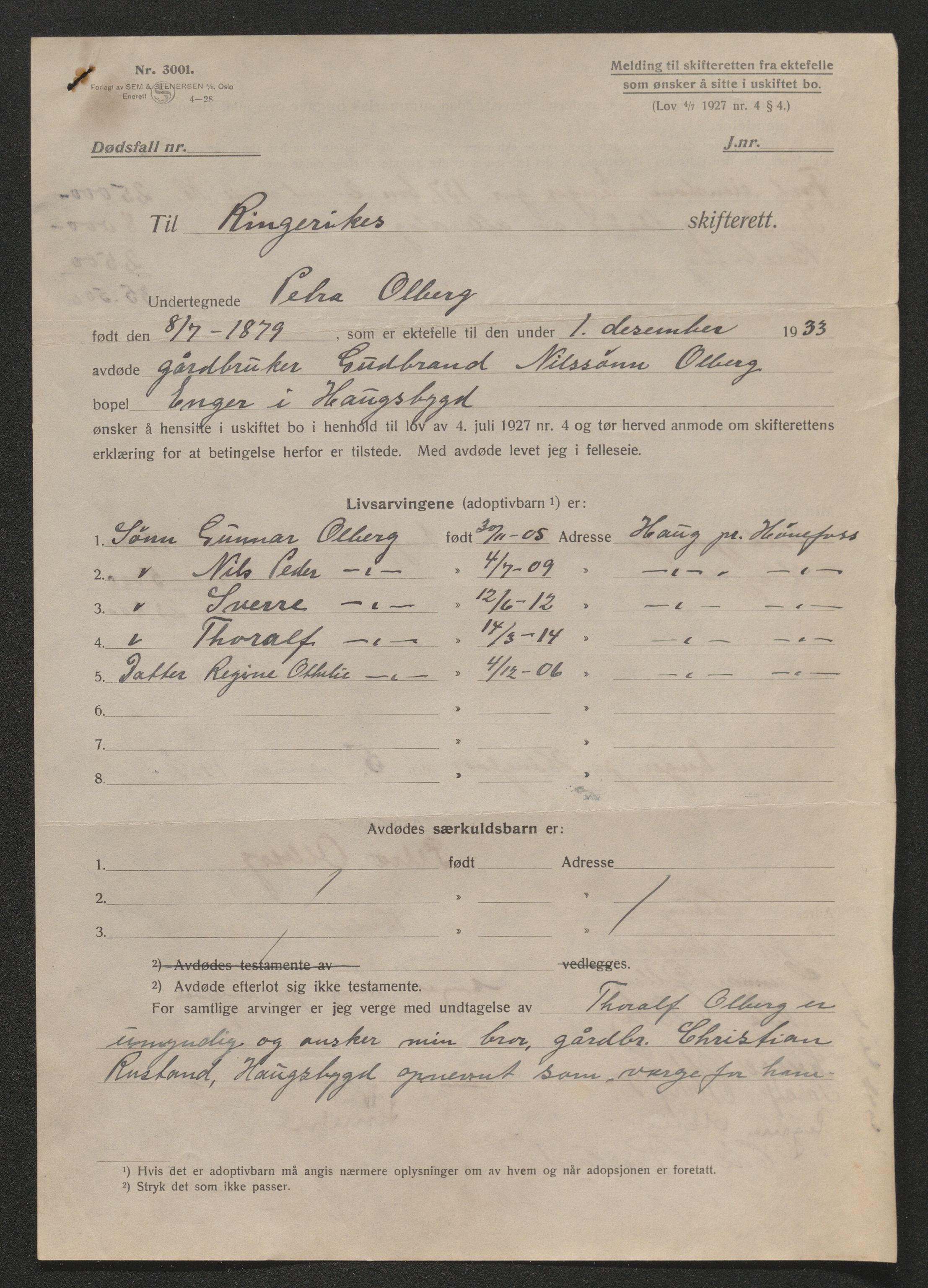 Ringerike sorenskriveri, AV/SAKO-A-105/H/Ha/Hab/L0017: Dødsfallslister Haugsbygd, 1931-1940