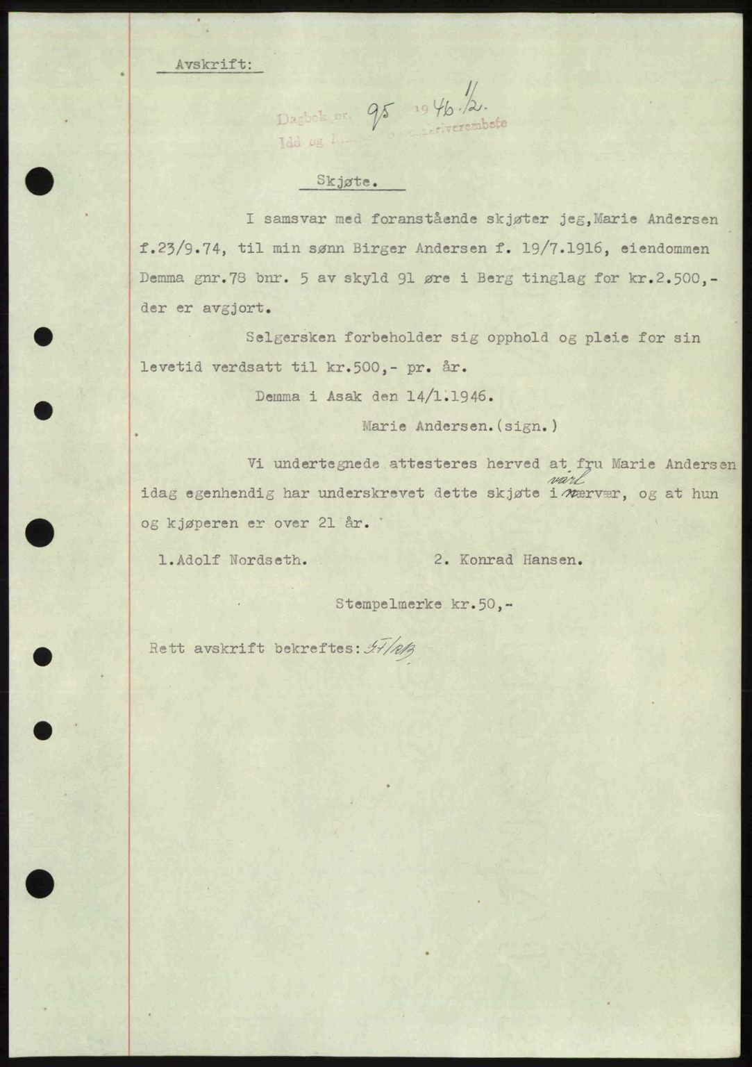 Idd og Marker sorenskriveri, AV/SAO-A-10283/G/Gb/Gbb/L0008: Mortgage book no. A8, 1946-1946, Diary no: : 95/1946